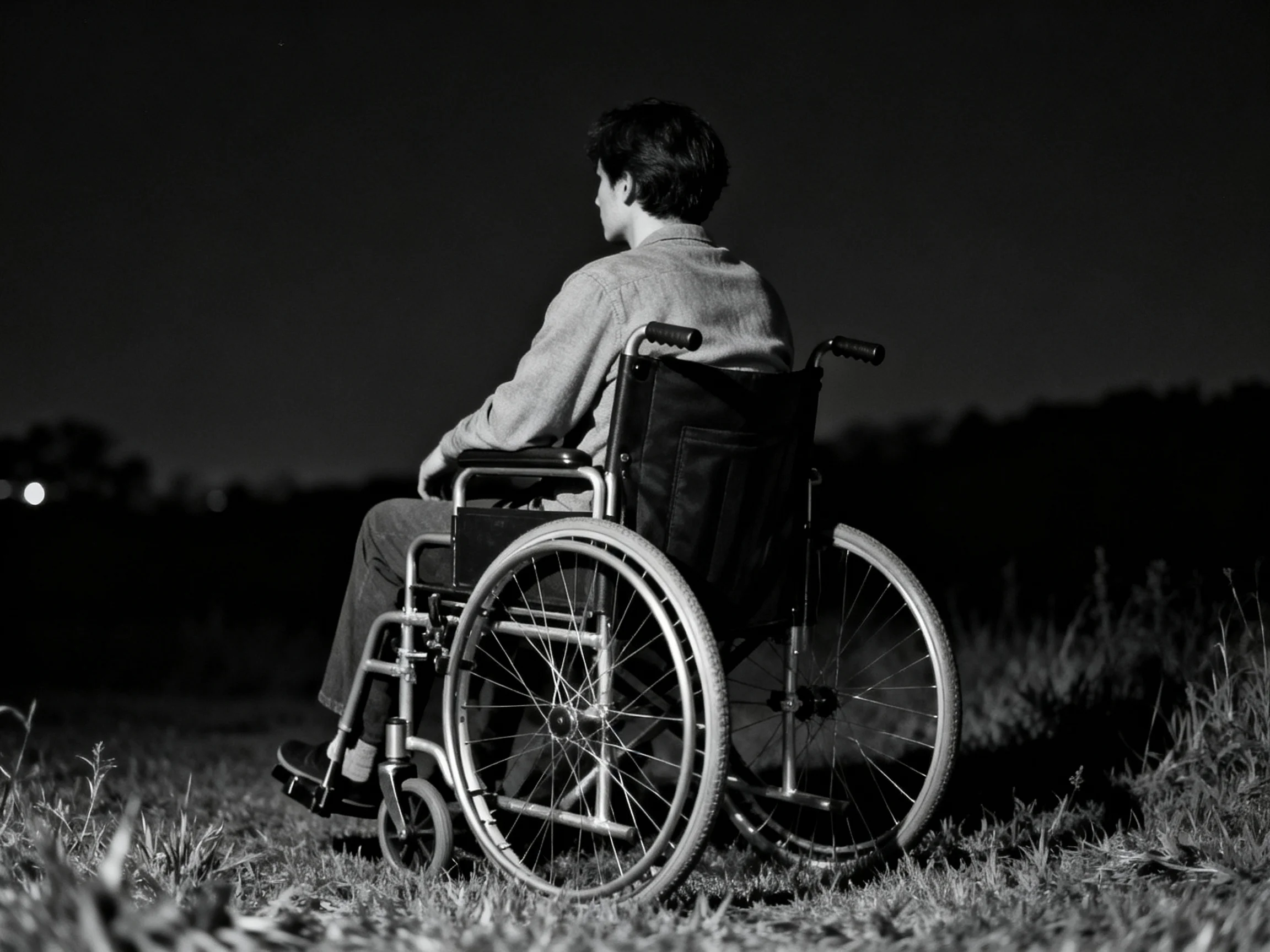 Person in wheelchair sitting in open field at night