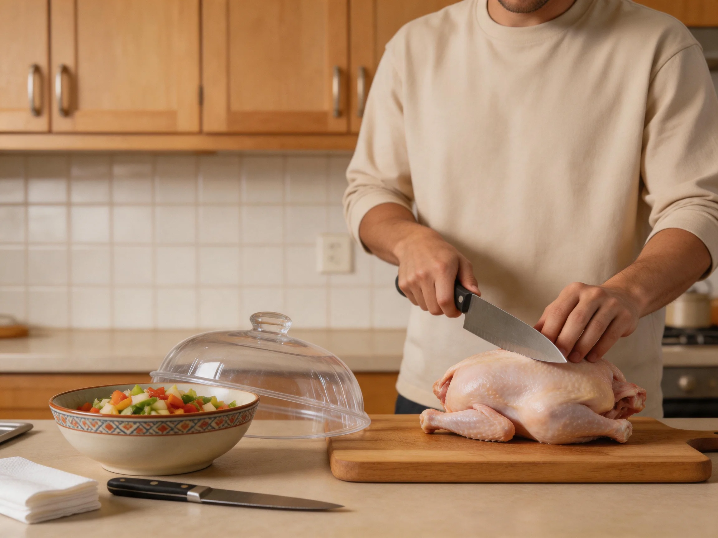 Person slicing raw chicken in a cozy wooden kitchen