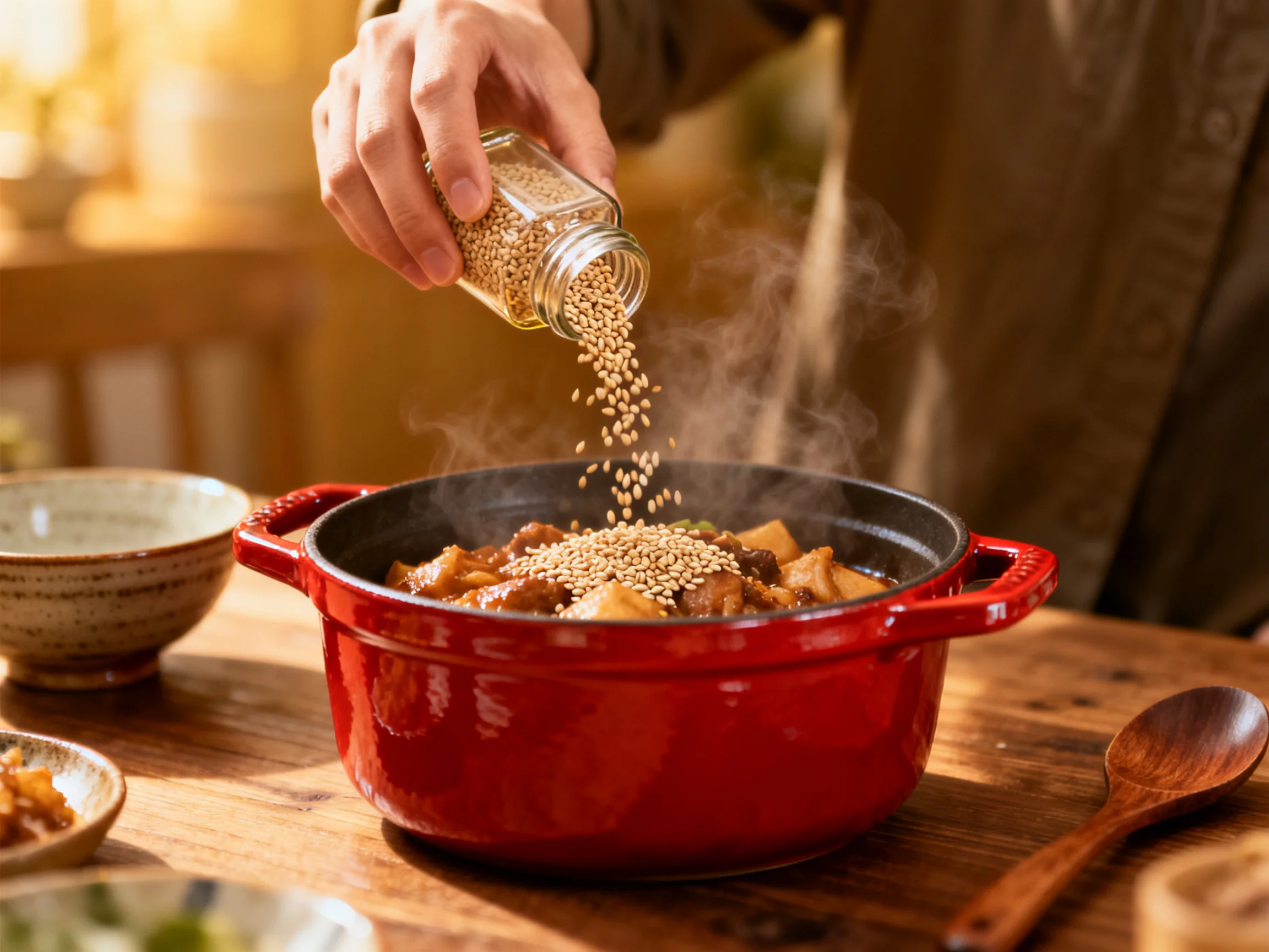Person sprinkling sesame seeds from glass jar onto steaming dish in red cast iron pot