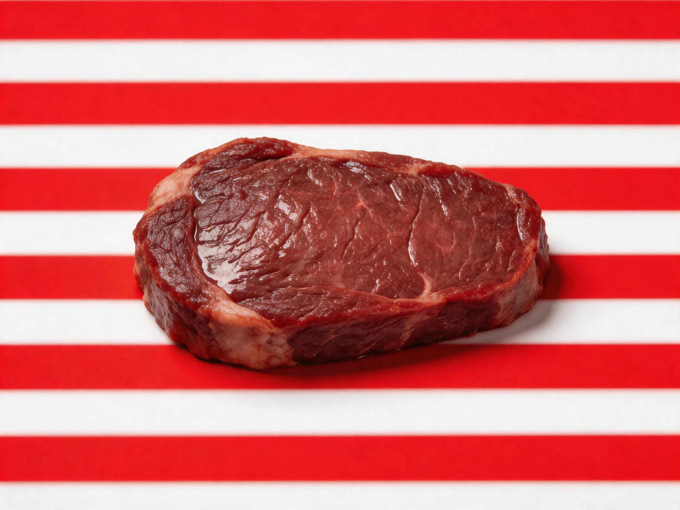 Raw beef steak resting on bold red and white striped surface
