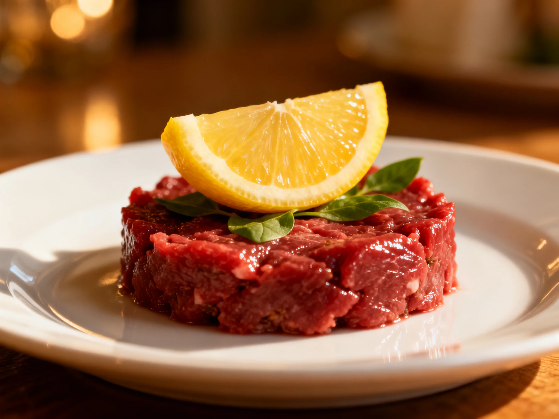 Raw beef tartare topped with a lemon slice and basil leaves
