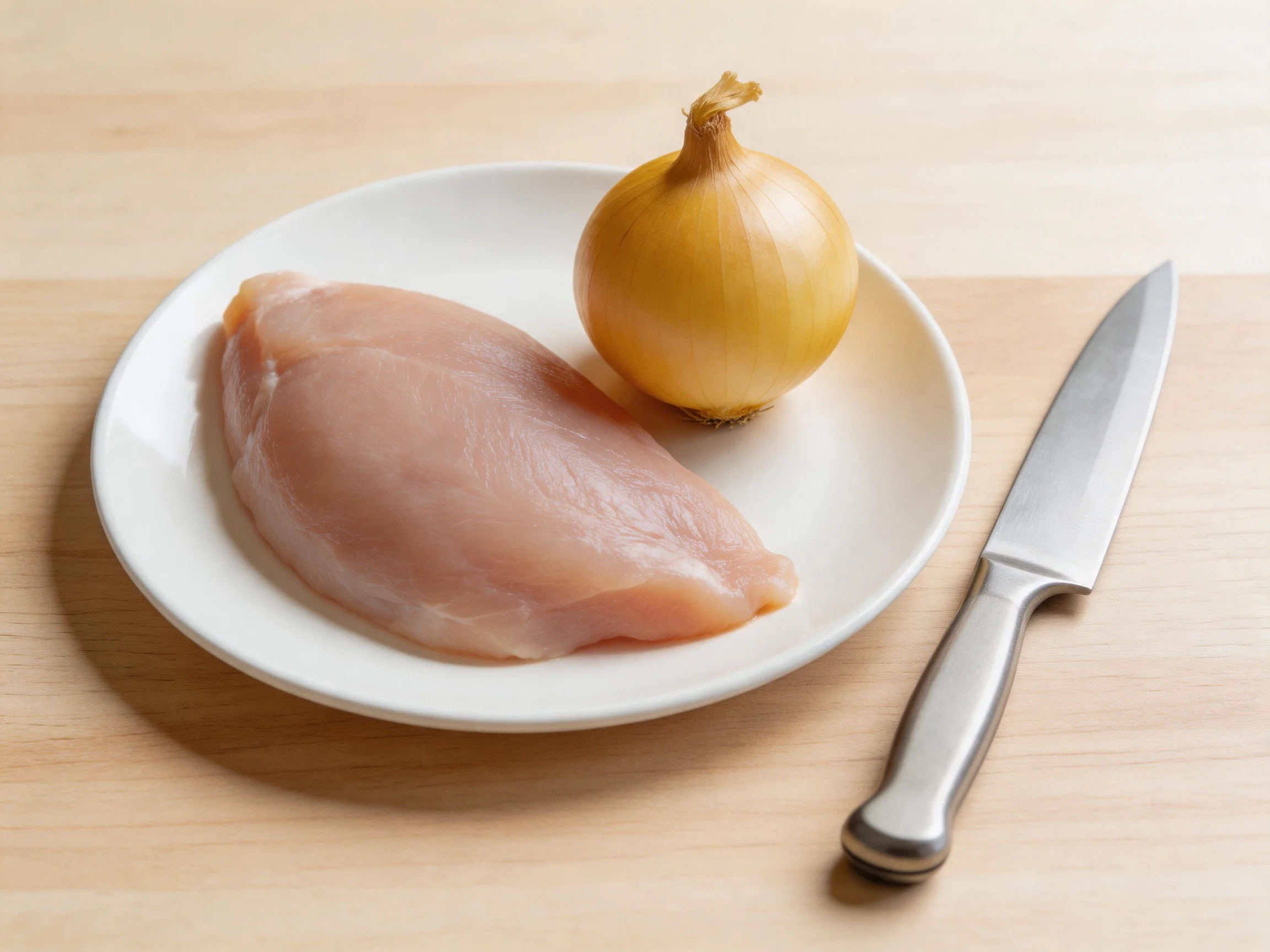 Raw chicken breast, golden onion, and stainless steel knife on white plate