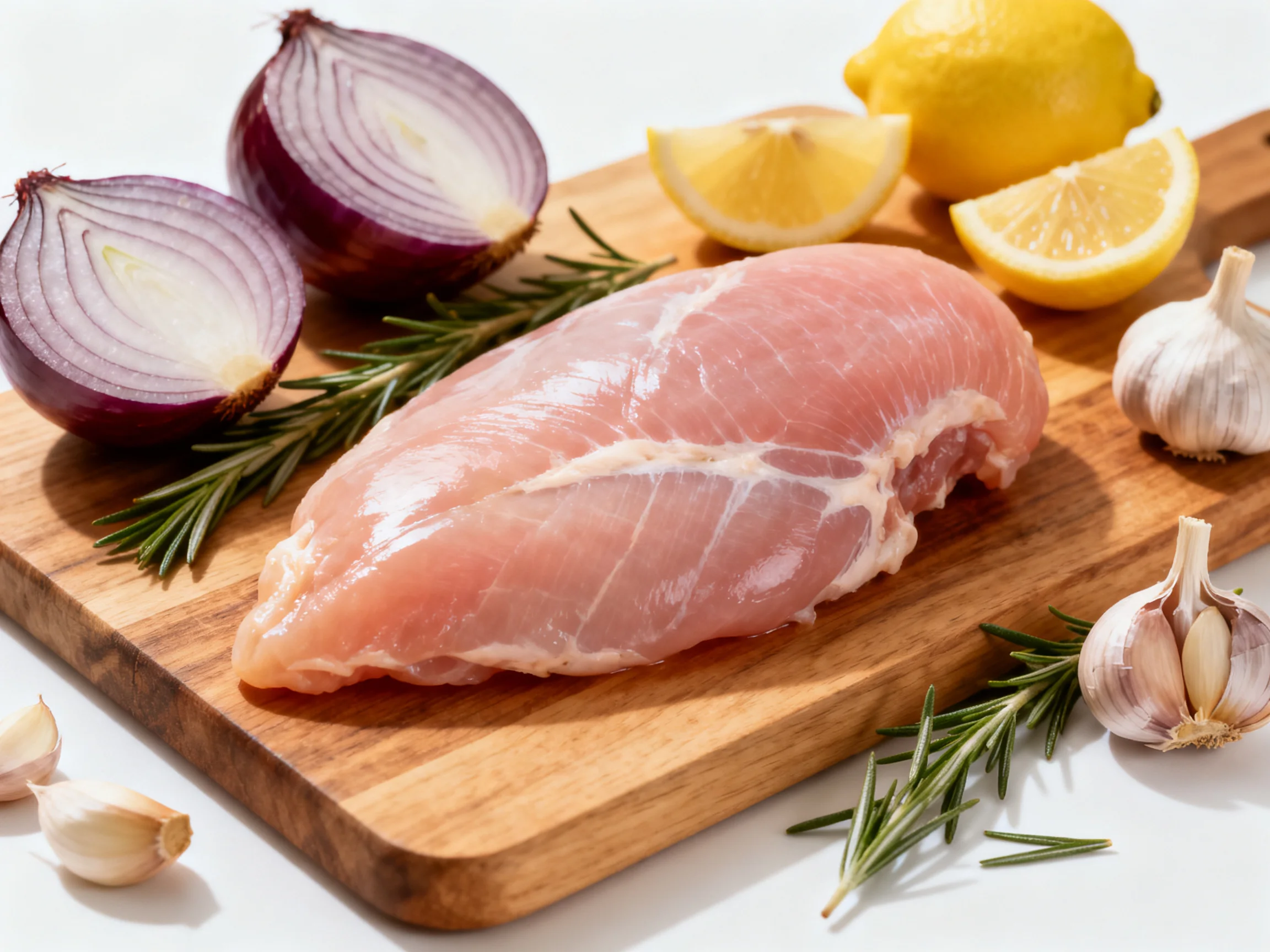 Raw chicken breast with red onions, lemons, garlic, and rosemary on a wooden cutting board