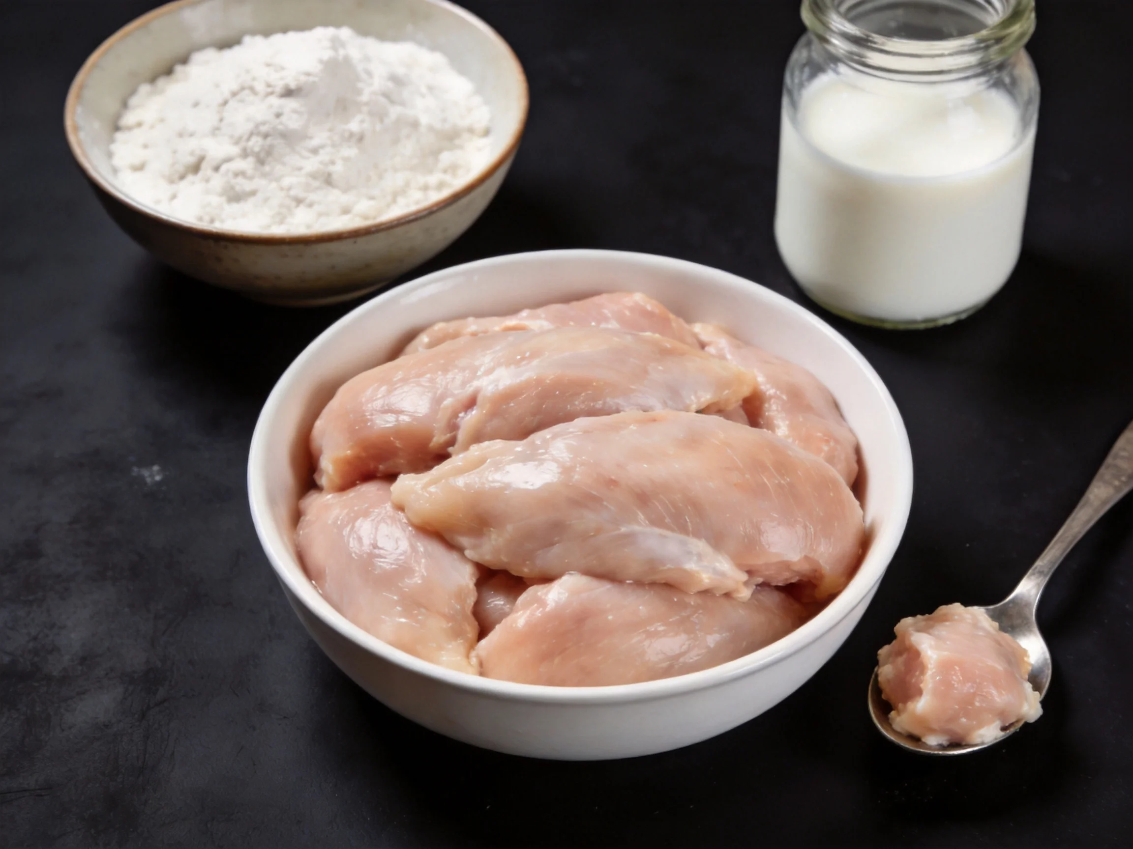 Raw chicken, flour, and milk arranged on a dark surface