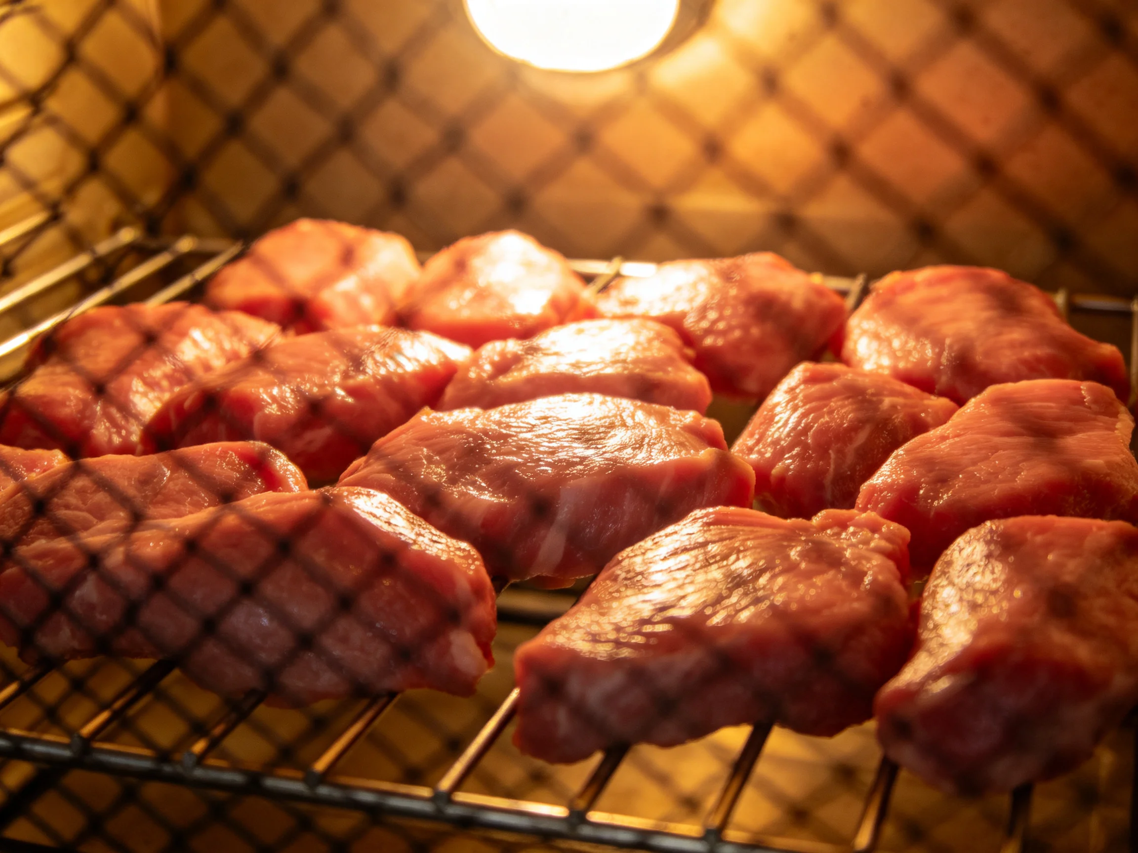 Raw chicken pieces arranged on a wire rack under warm heating conditions