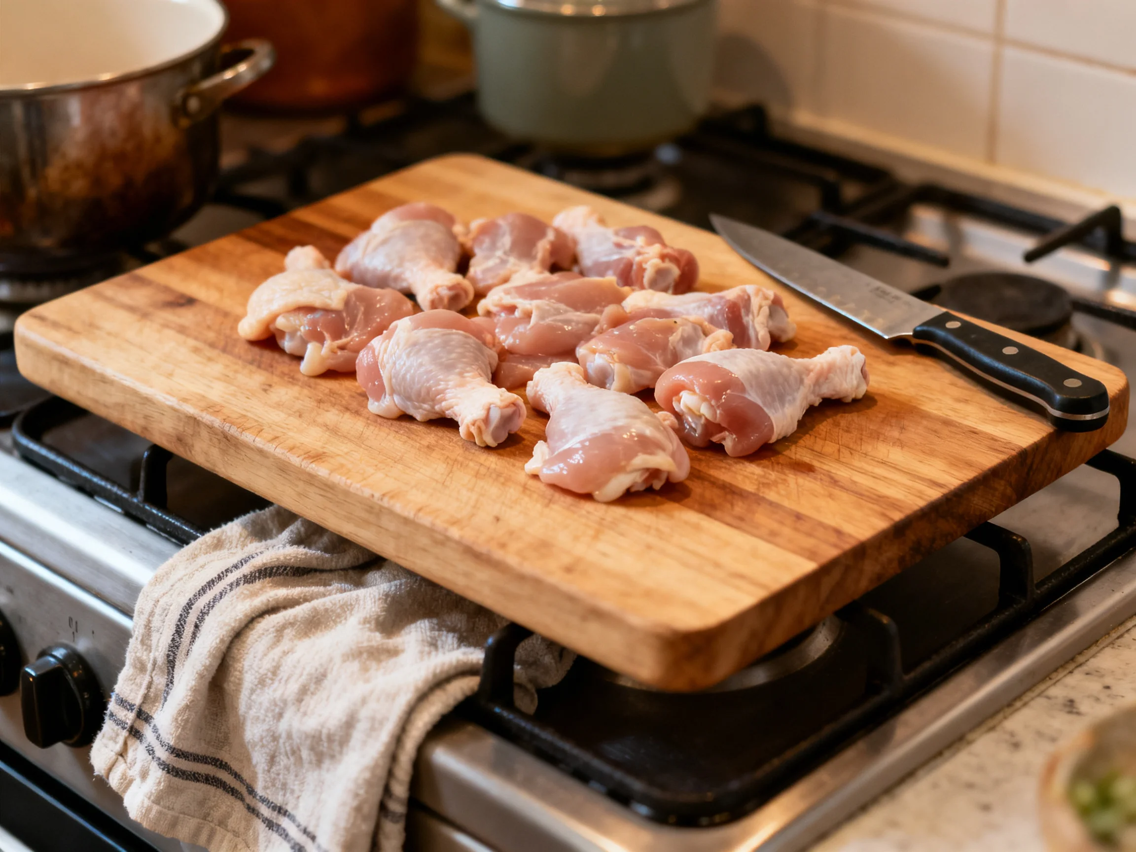 Raw chicken pieces arranged on a wooden cutting board atop a gas stove