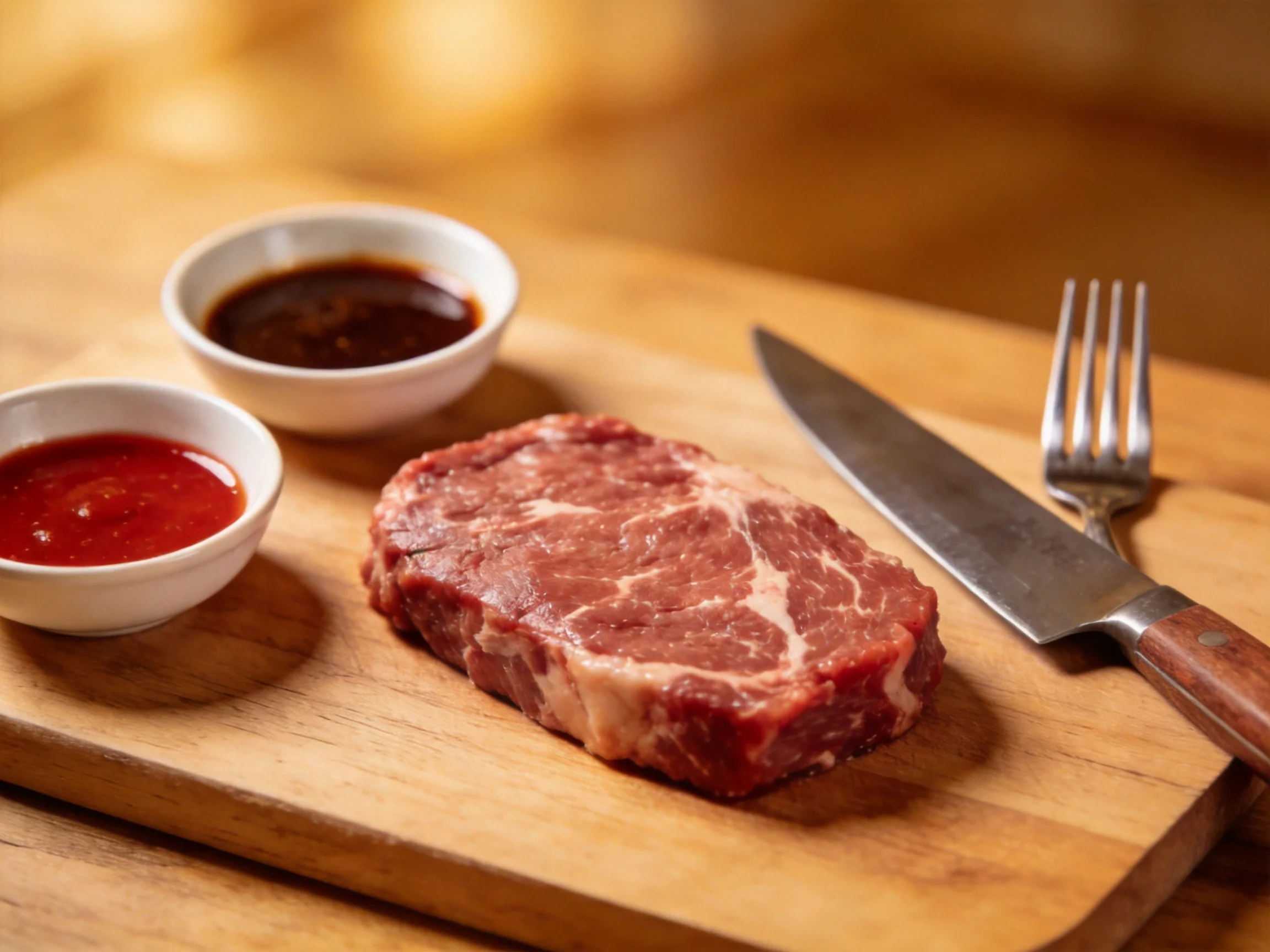 Raw marbled steak on wooden cutting board with two sauces