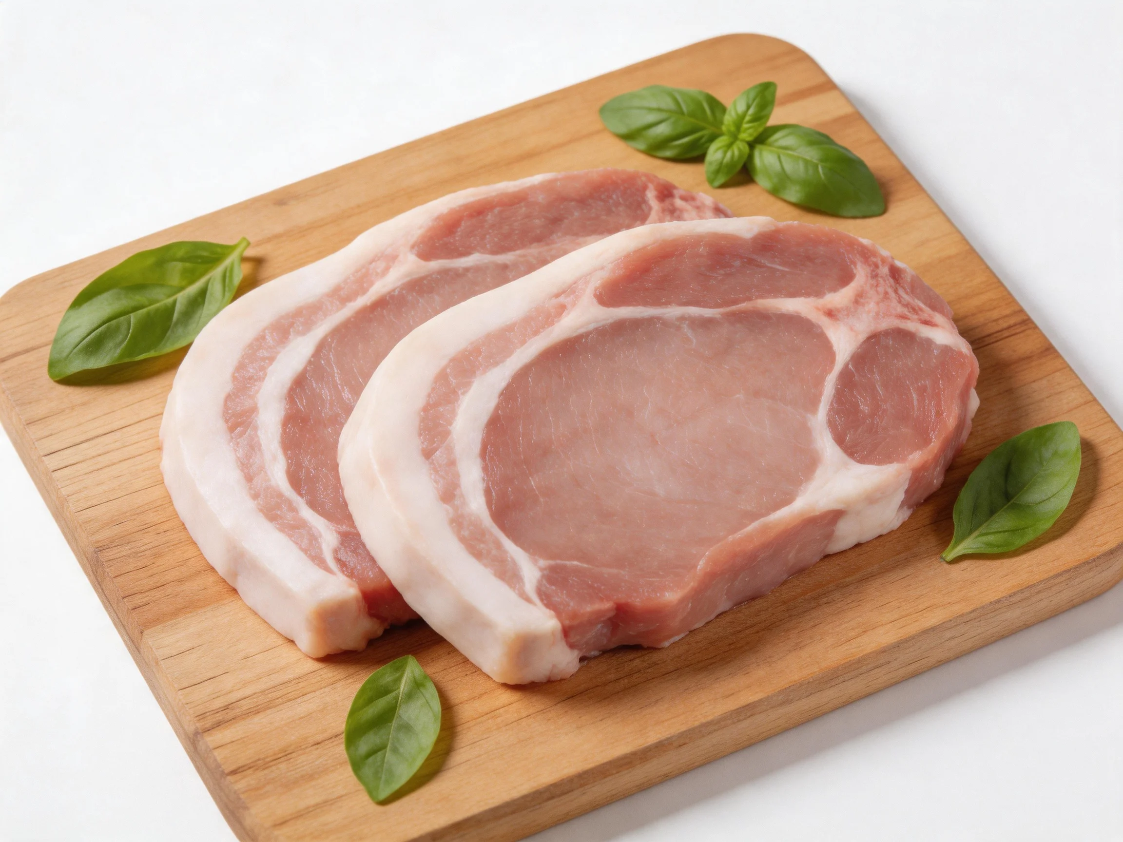 Raw pork chops displayed on a wooden cutting board with basil leaves