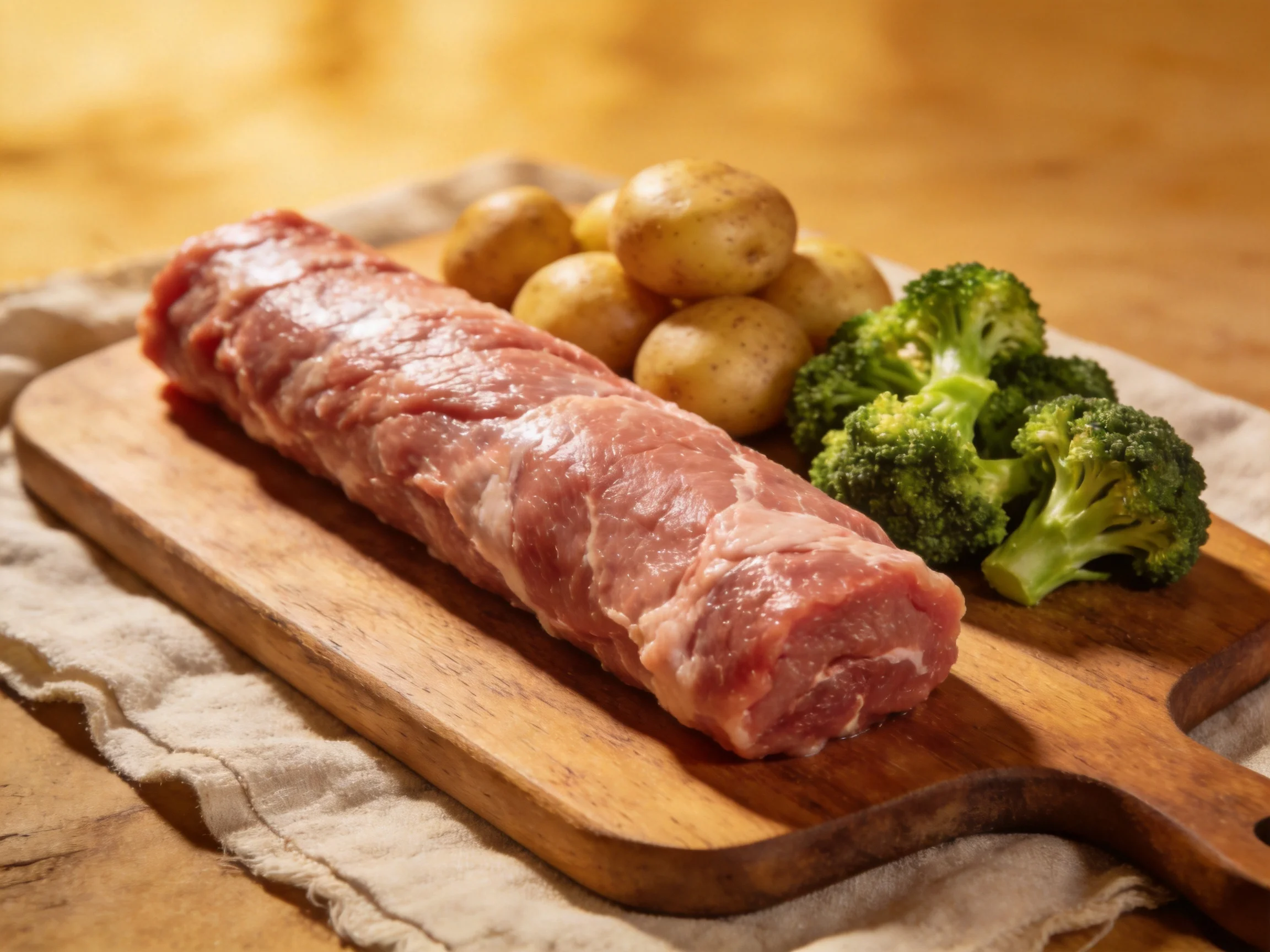 Raw pork tenderloin, baby potatoes, and broccoli on a wooden cutting board