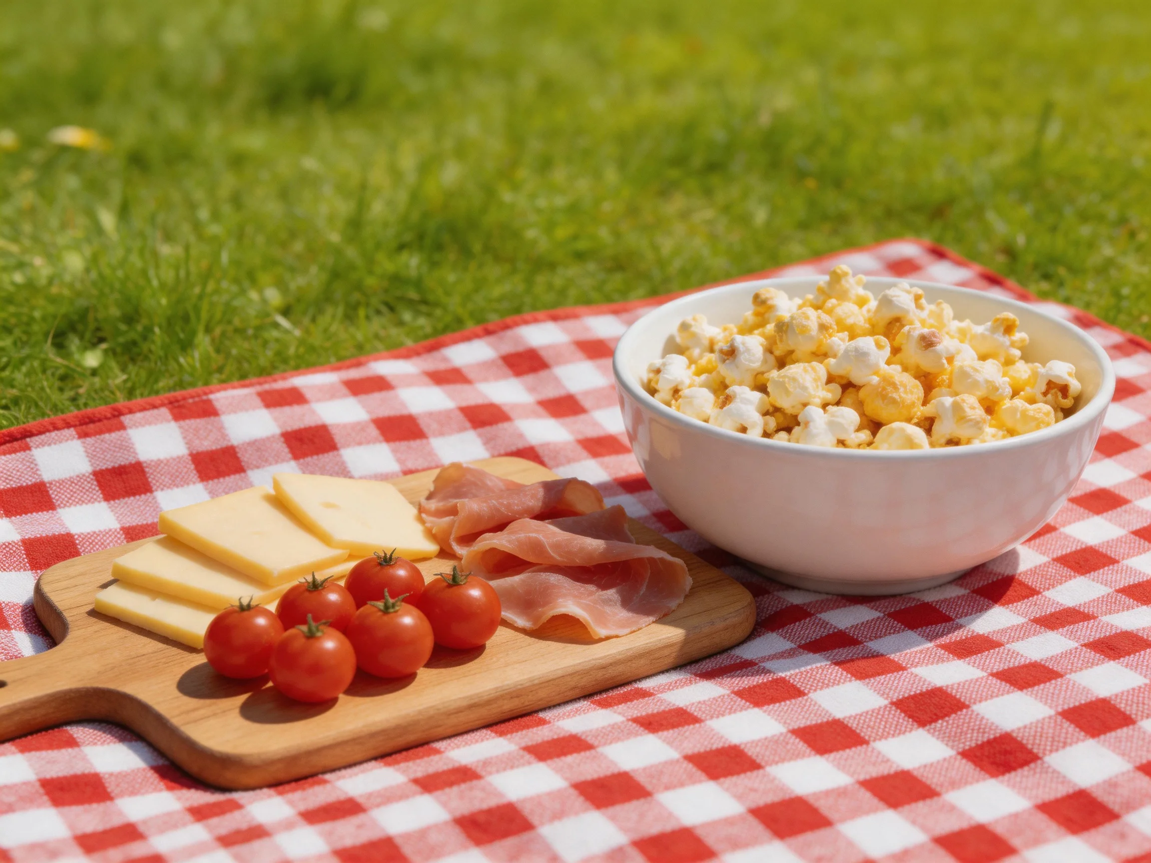 Red-and-white checkered picnic blanket with popcorn, cheese, tomatoes, and ham