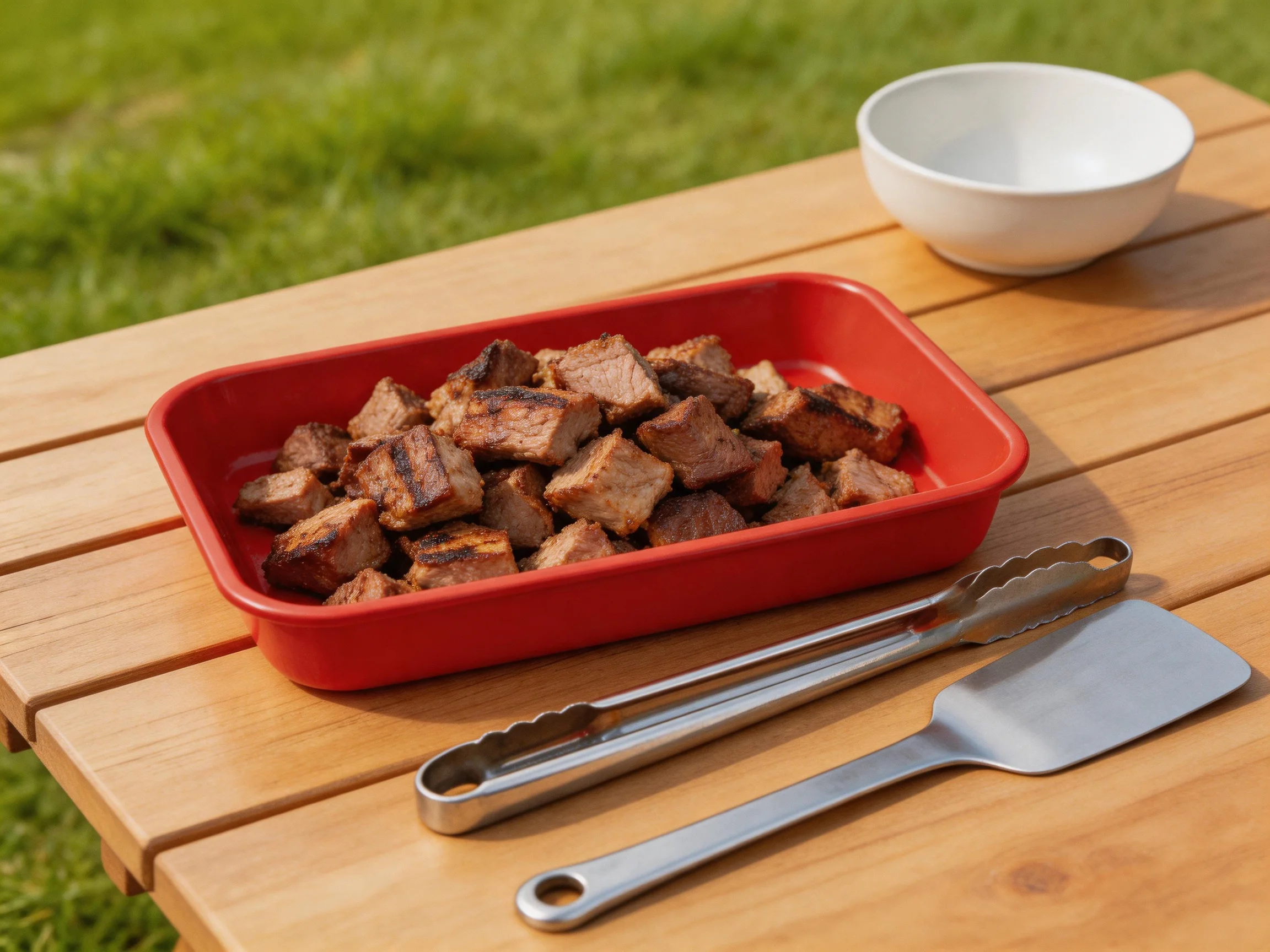 Red rectangular dish with grilled beef cubes on wooden picnic table