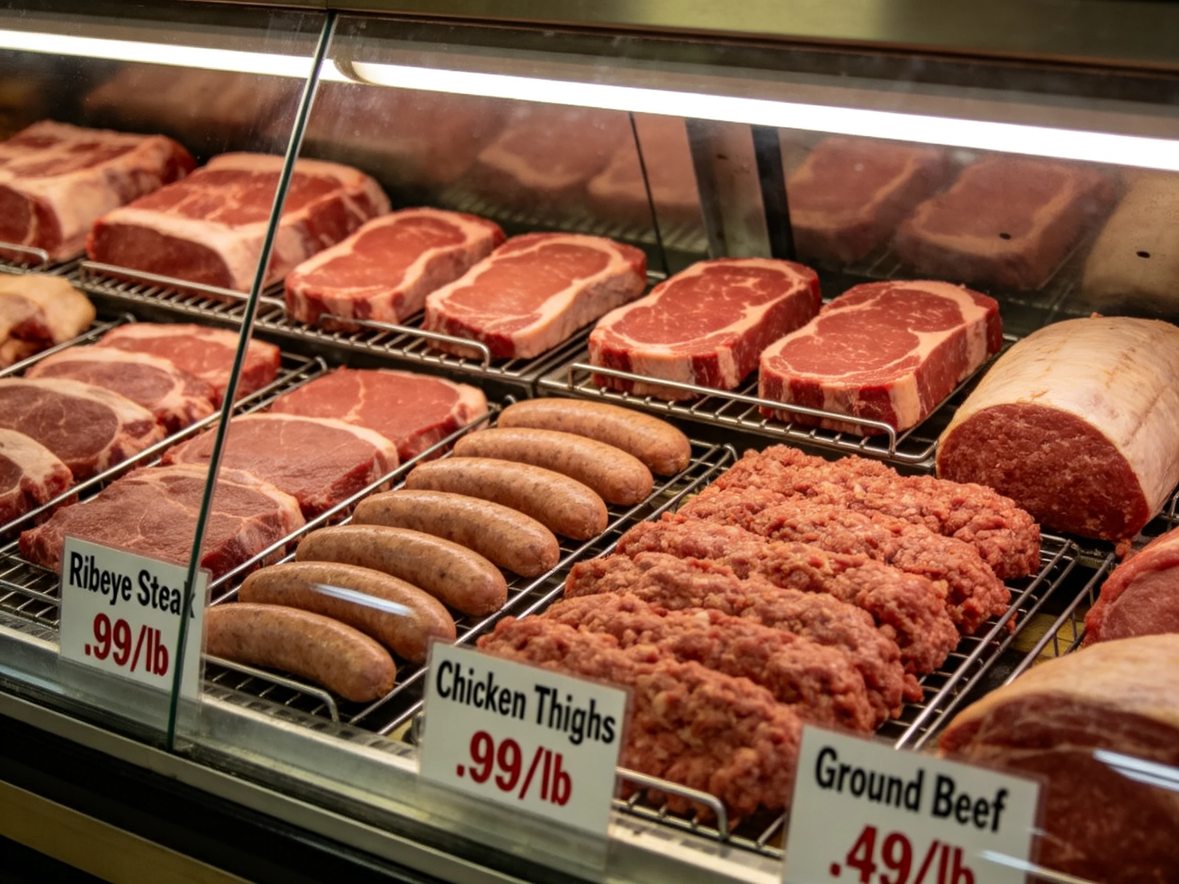 Refrigerated deli case with assorted raw meats and price labels