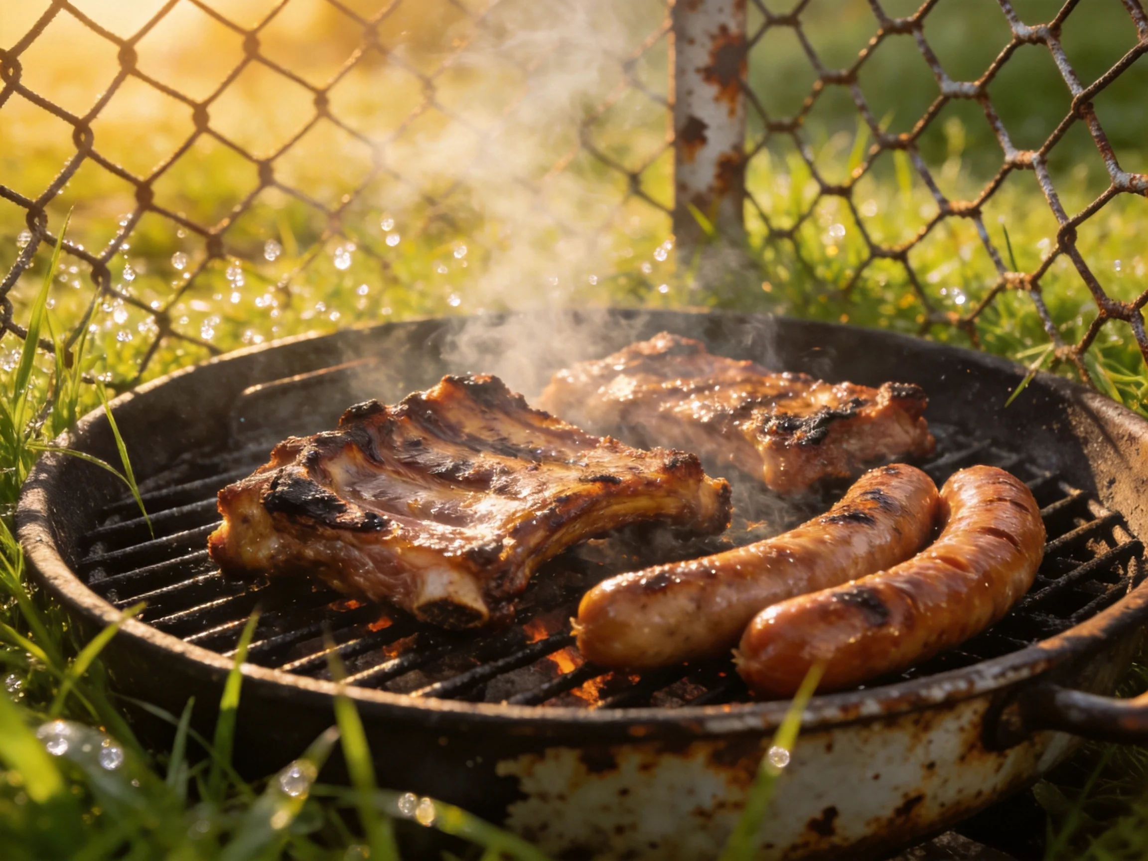 Ribs and sausages grill over a weathered outdoor charcoal grill near a wire fence