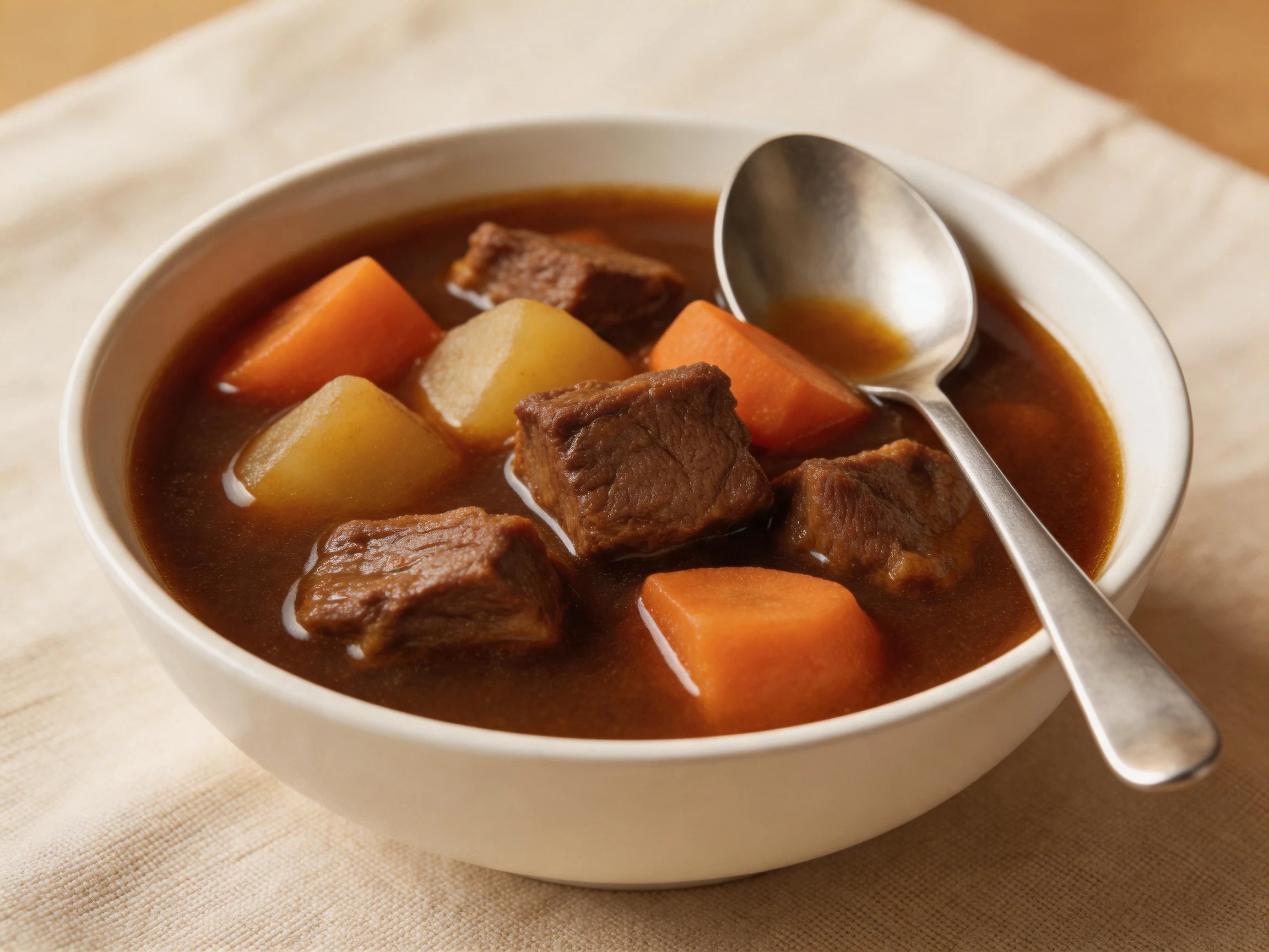 Rich Beef Stew with Carrots and Potatoes in a White Bowl