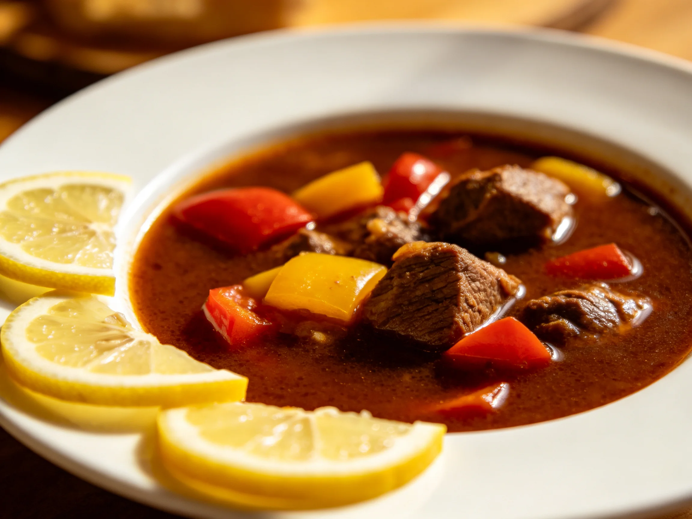 Rich beef stew with colorful peppers and lemon slices