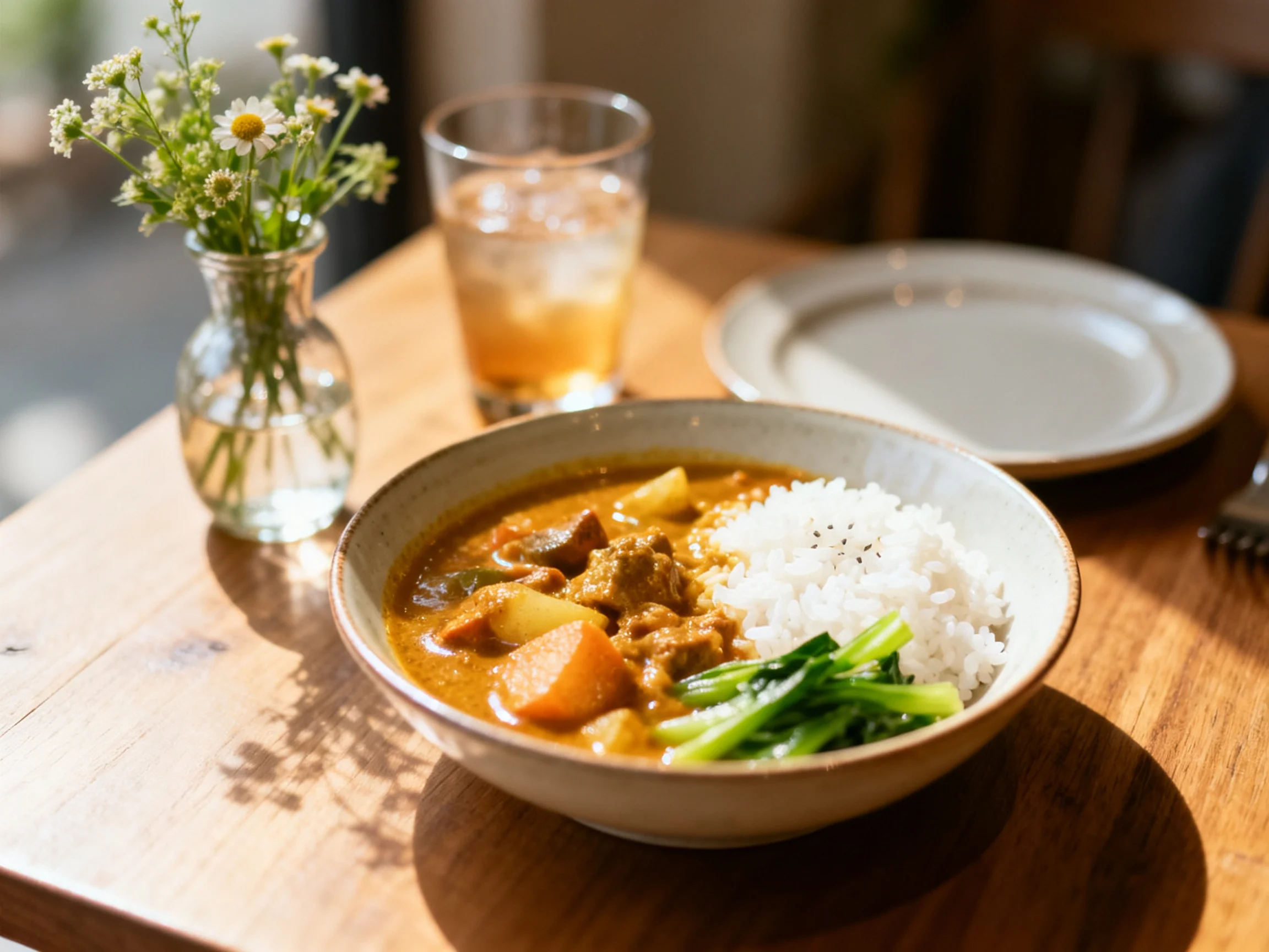 Rich curry, rice, and greens served on a wooden table with iced tea and flowers