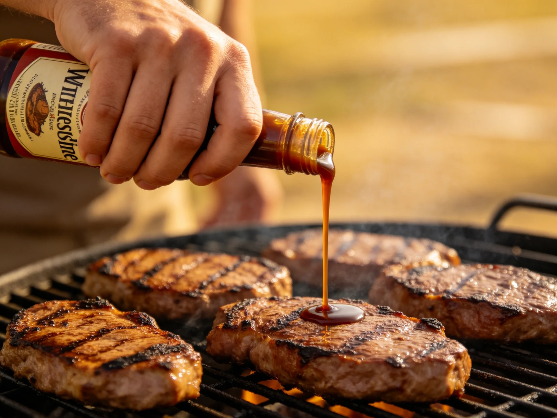 Rich sauce poured over grilled steaks on an outdoor grill