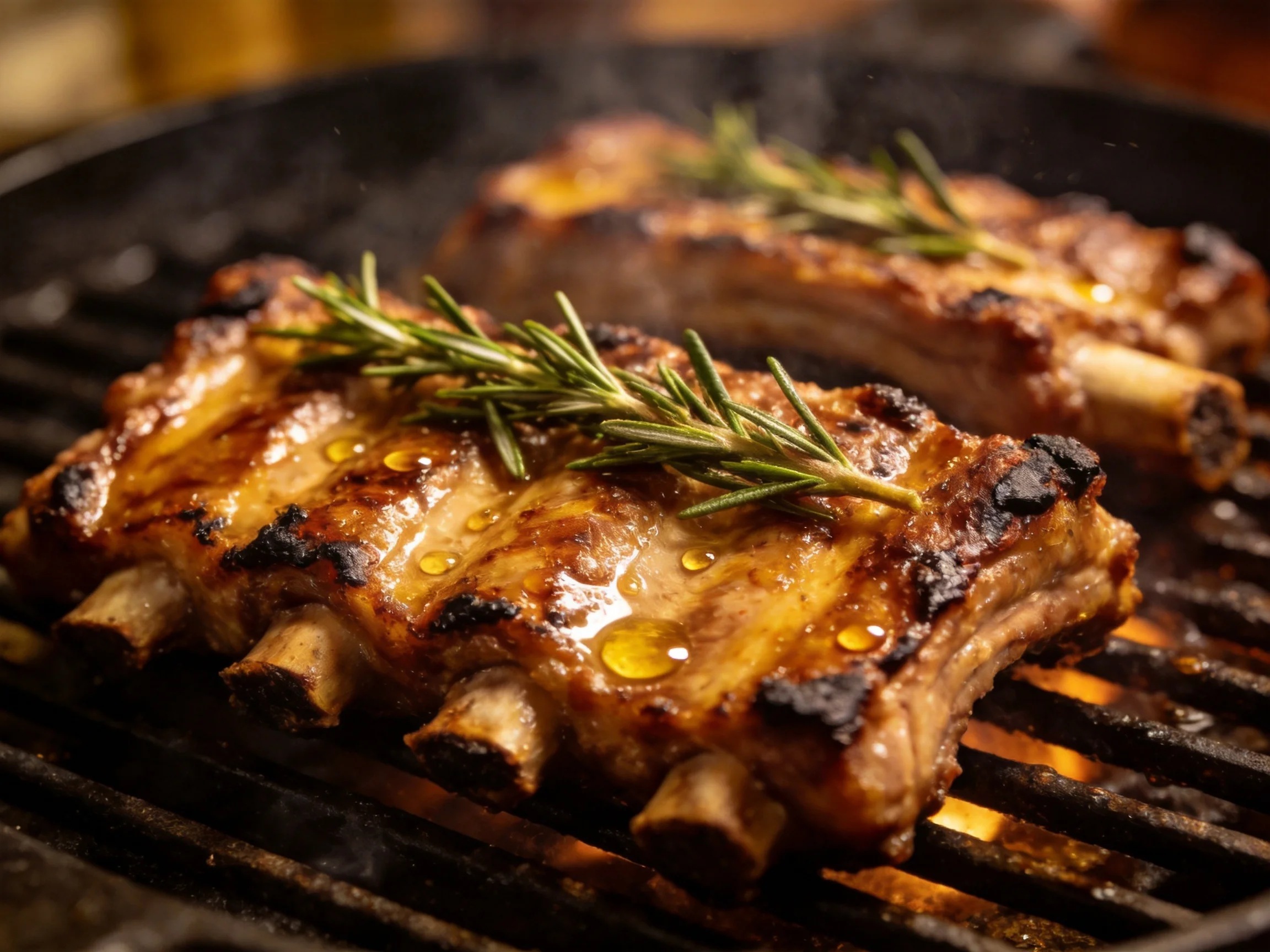 Richly browned ribs garnished with rosemary on a charcoal grill