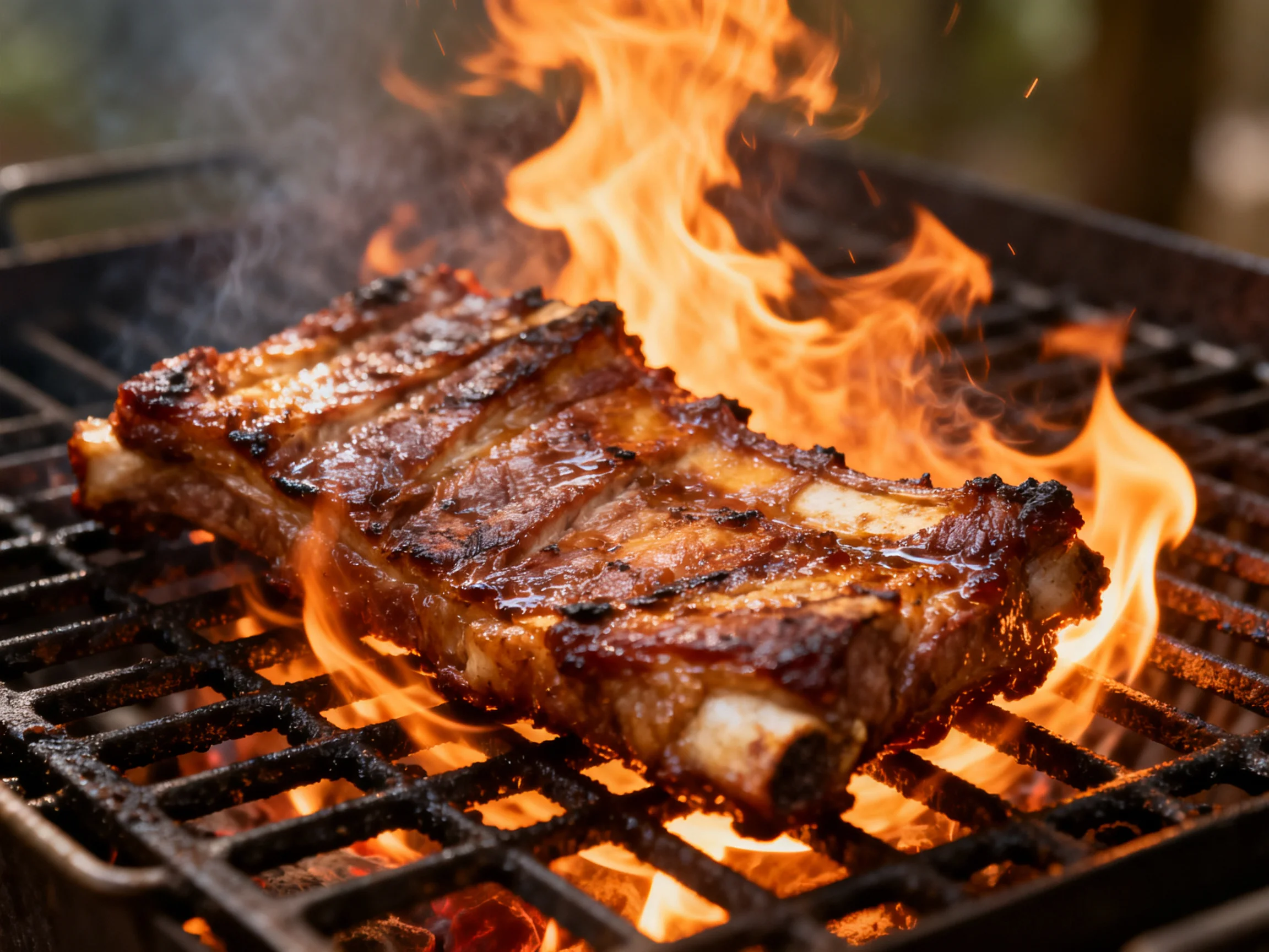 Richly browned ribs sizzle over intense orange flames on a black grill
