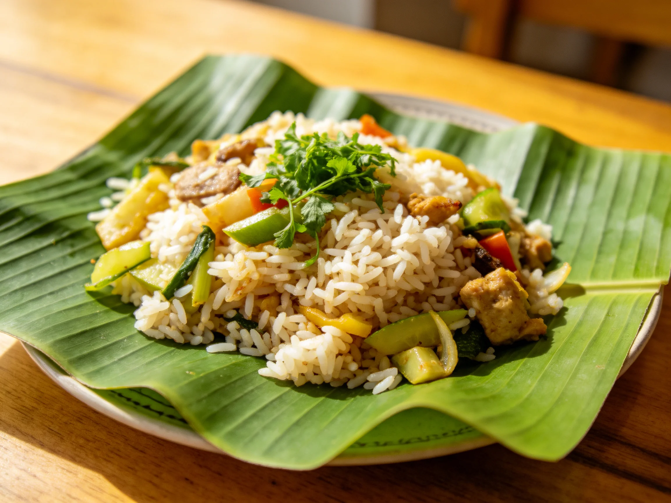 Richly flavored fried rice with mixed vegetables on a banana leaf plate
