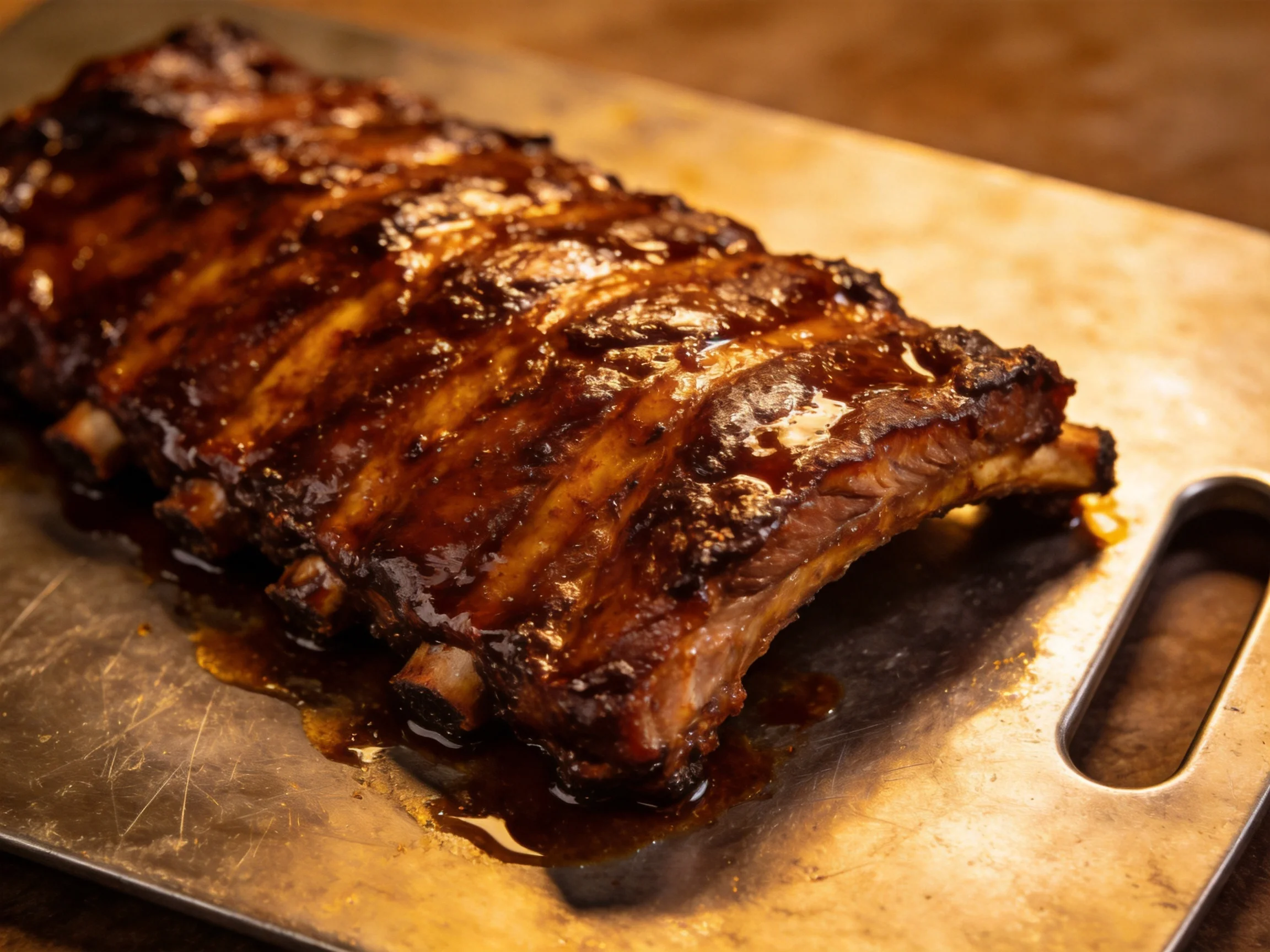 Richly glazed dark brown pork ribs on aged metal serving tray