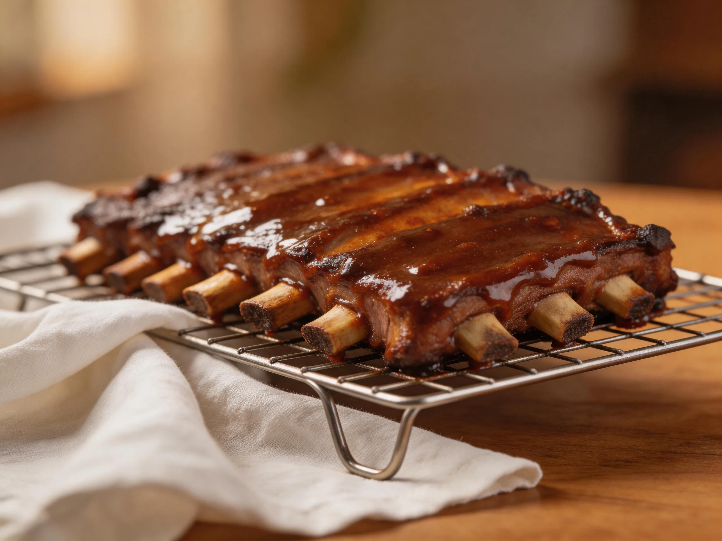 Richly glazed ribs on a metal cooling rack