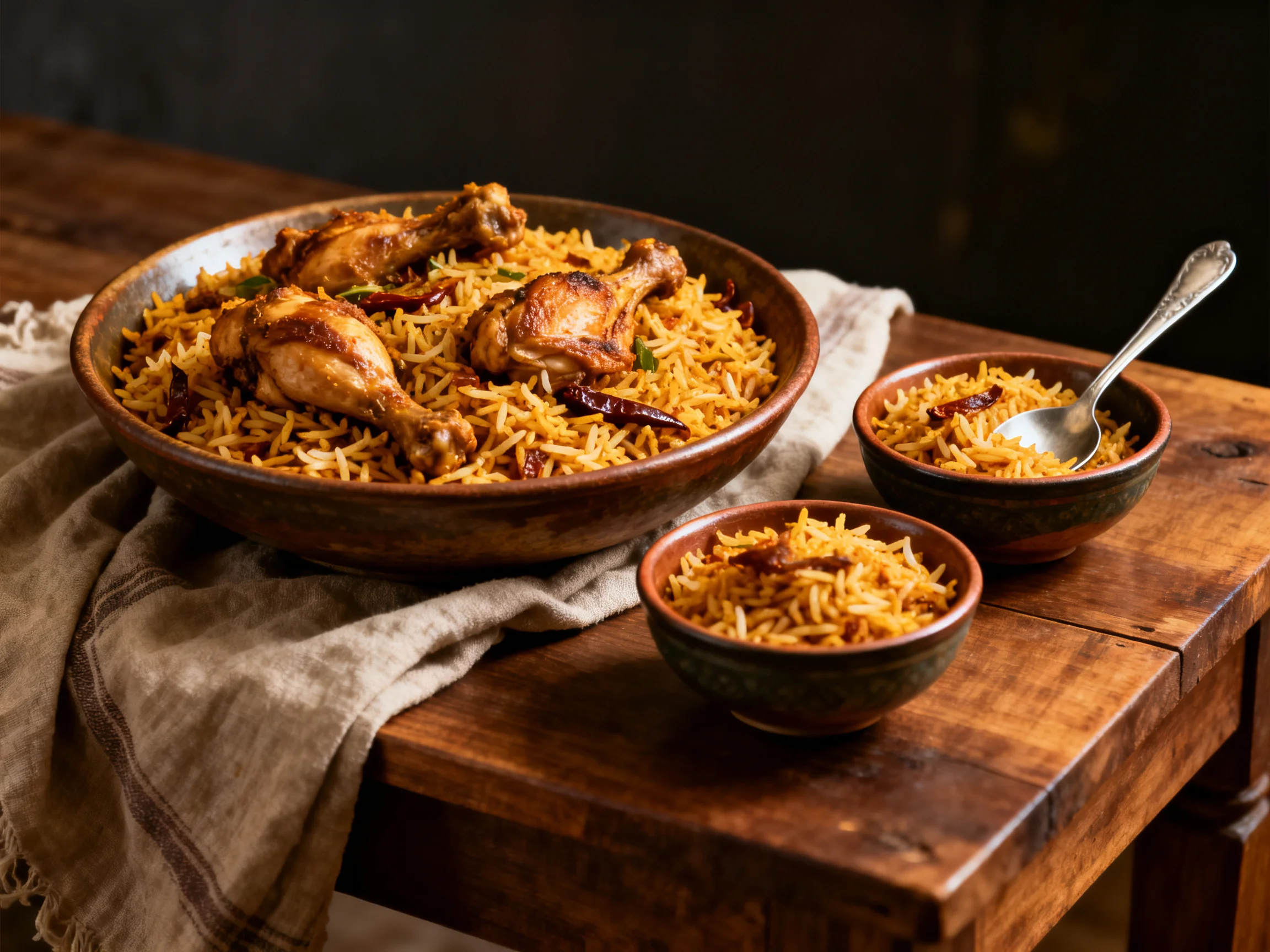 Richly spiced chicken biryani in a large bowl with two side bowls