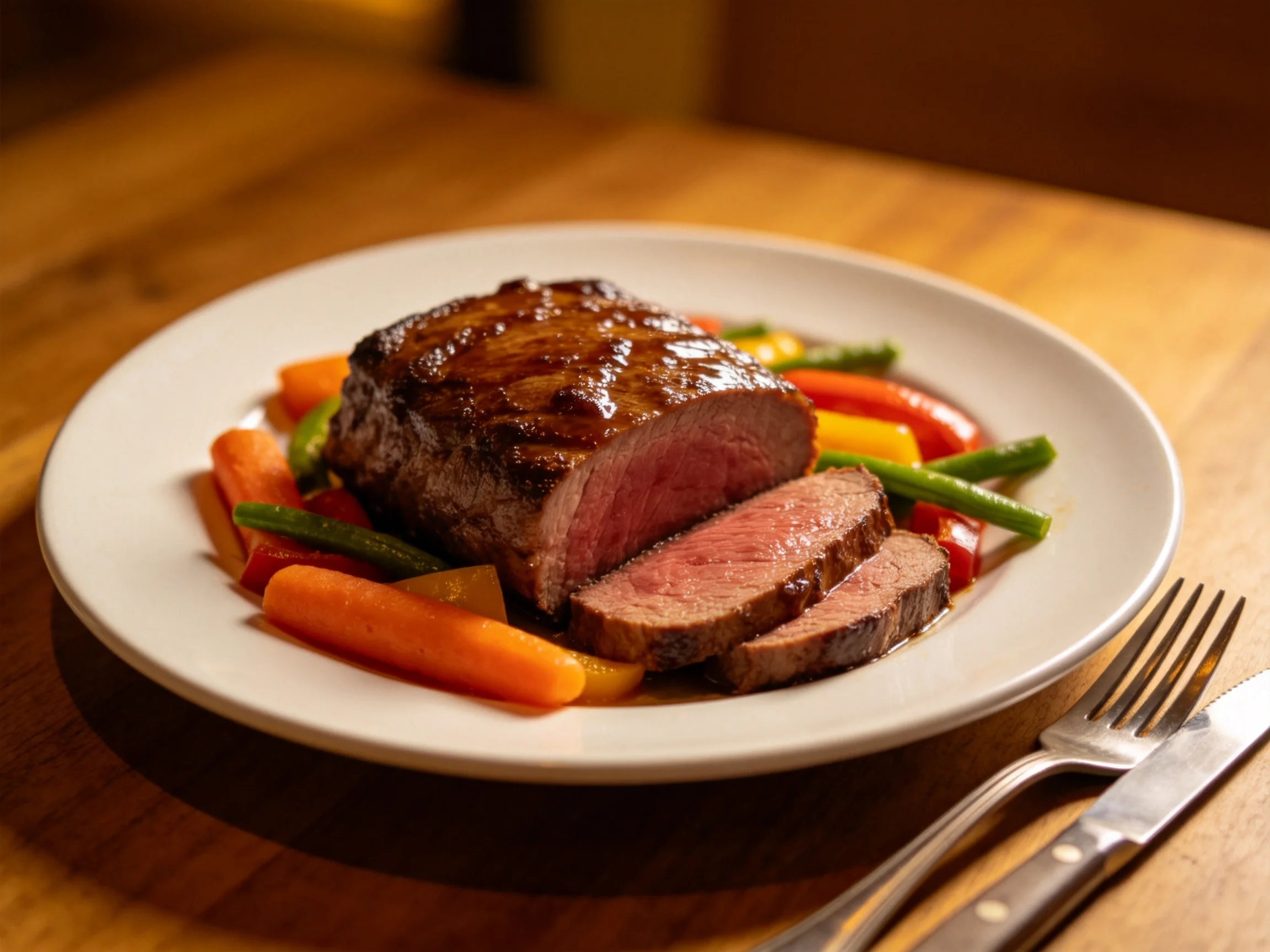 Roasted Beef Slices with Colorful Vegetables on a White Plate