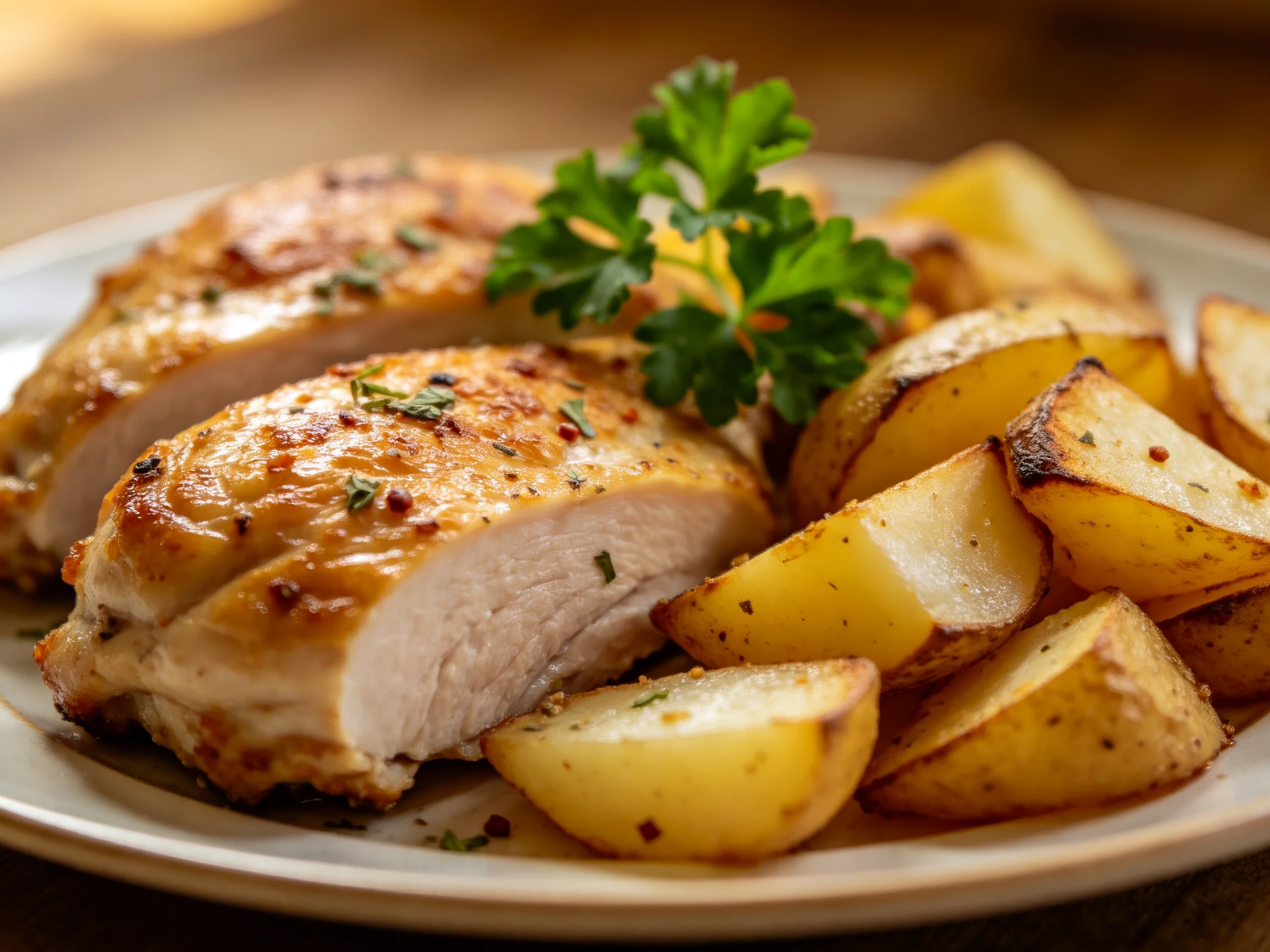 Roasted Chicken Breast with Seasoned Potato Wedges and Fresh Parsley Garnish