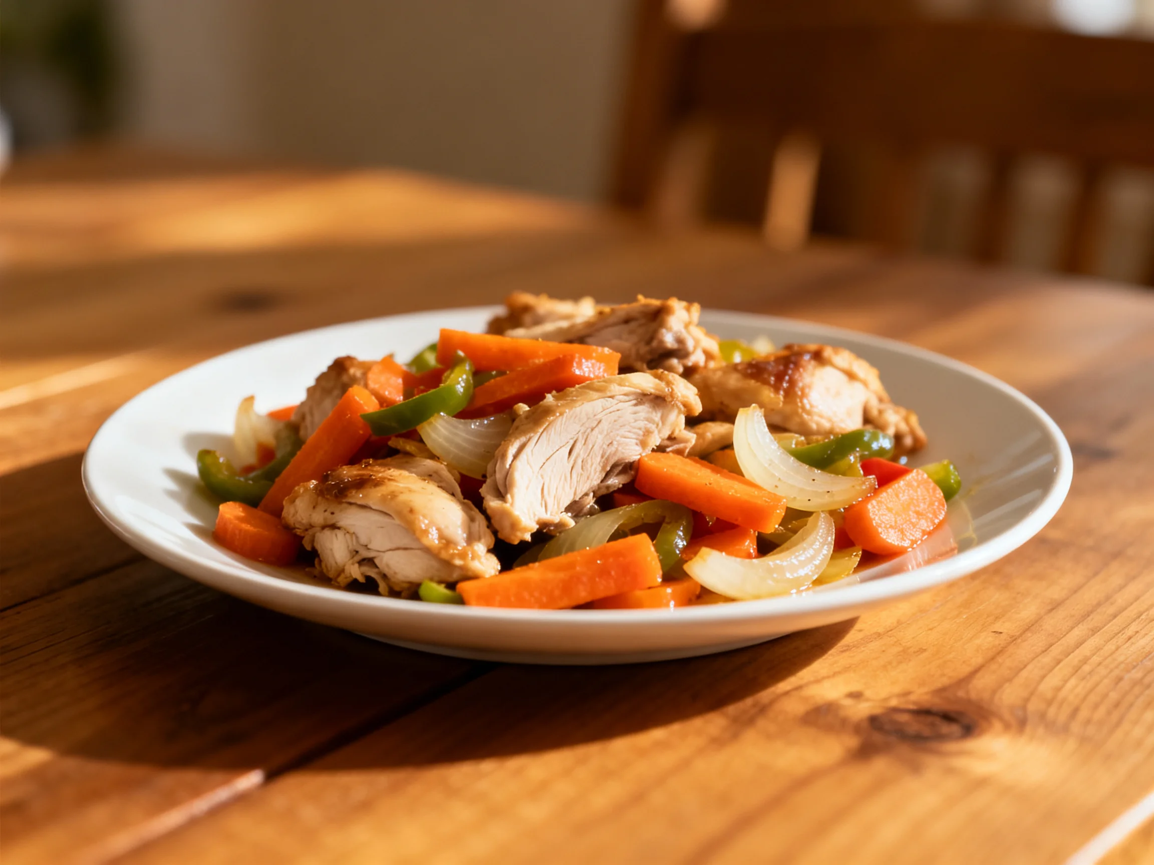 Roasted Chicken with Carrots, Peppers, and Onions on a White Plate