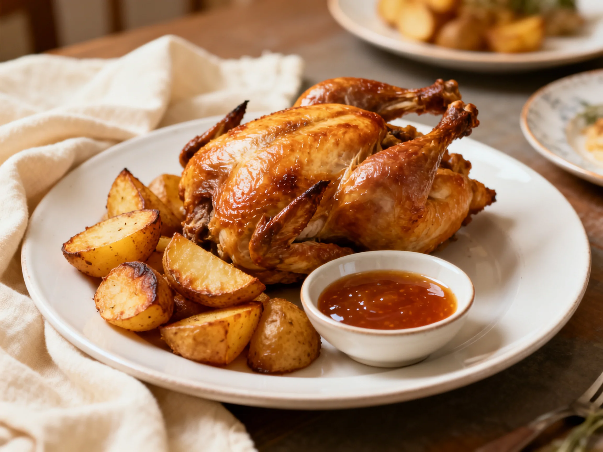 Roasted Chicken with Golden Potatoes and Red Sauce