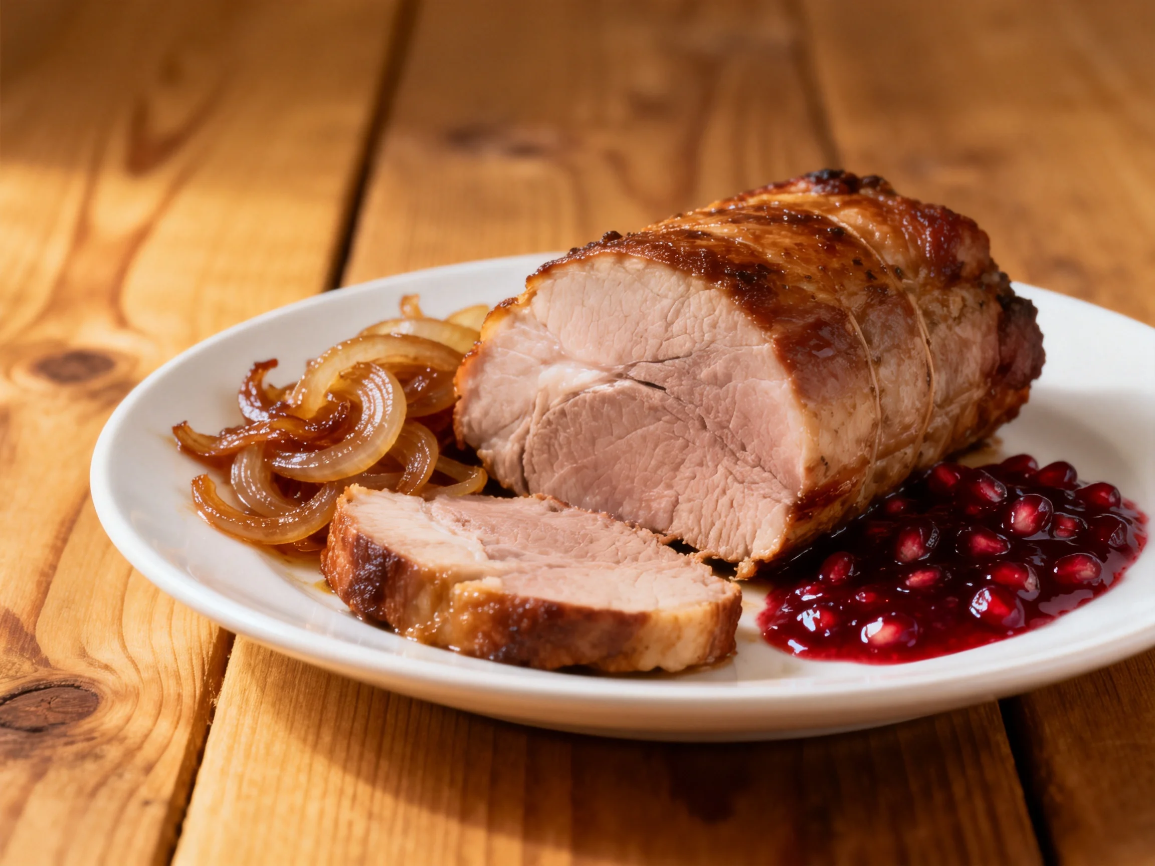 Roasted Pork Loin with Caramelized Onions and Pomegranate Sauce