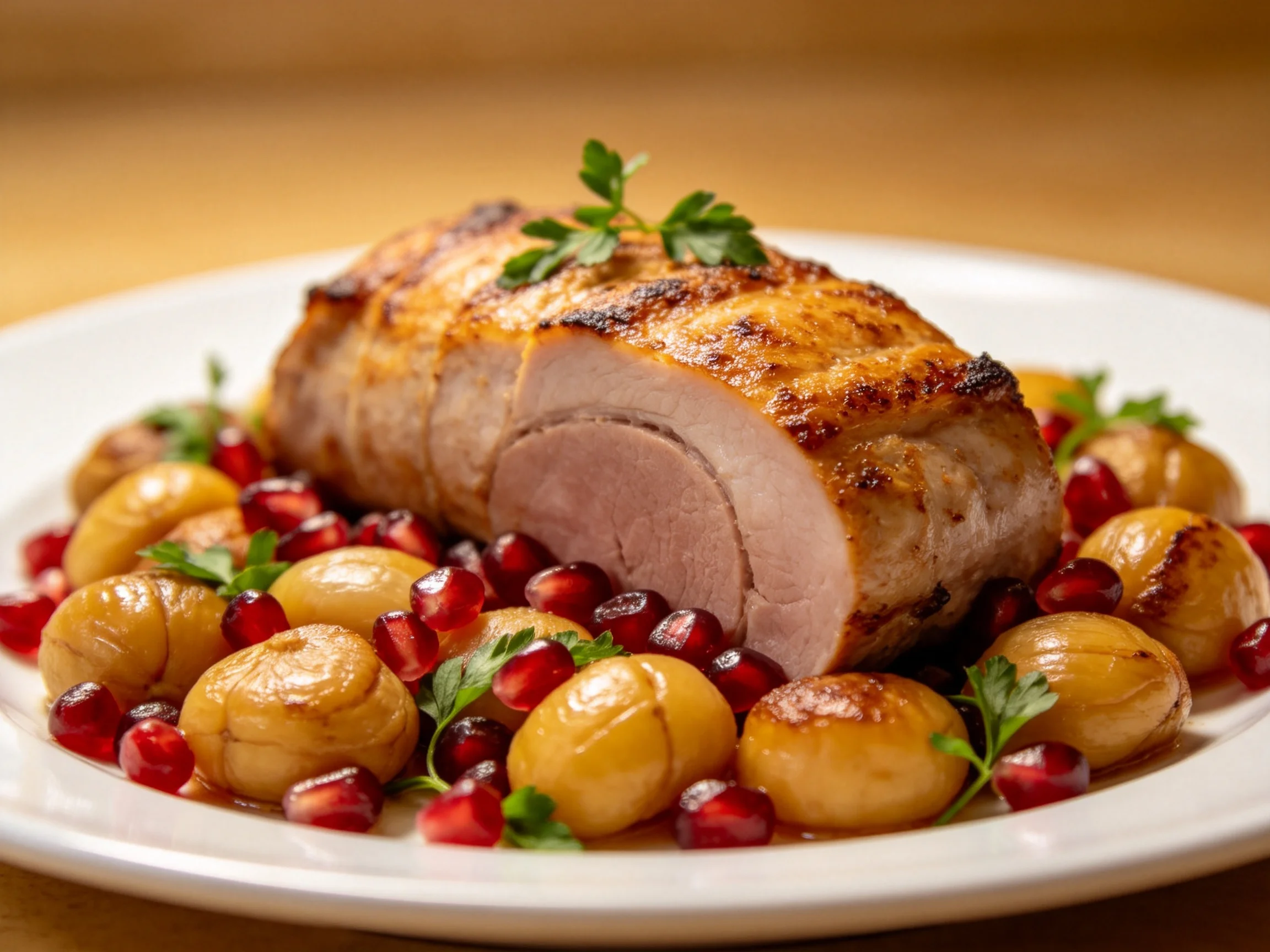 Roasted Pork Loin with Caramelized Onions and Pomegranate Seeds
