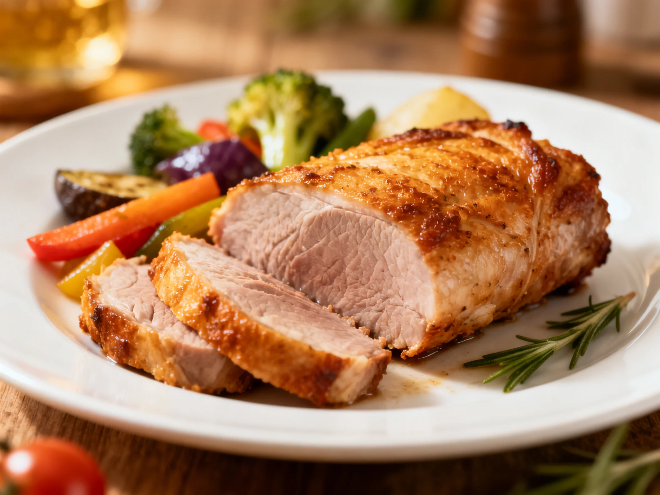 Roasted Pork Loin with Mixed Vegetables on a White Plate