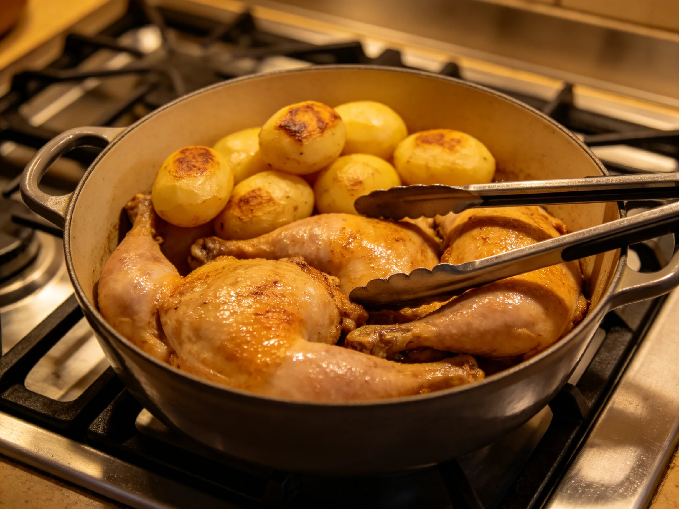 Roasted chicken and golden potatoes in a dark cast iron pot