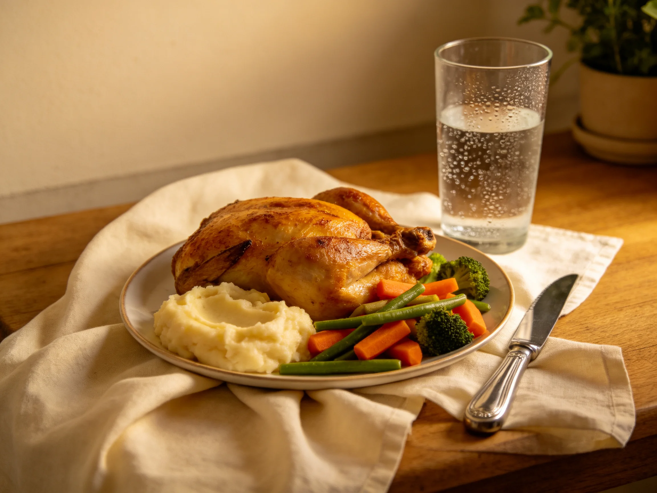 Roasted chicken dinner with vegetables, mashed potatoes, and water on a wooden table
