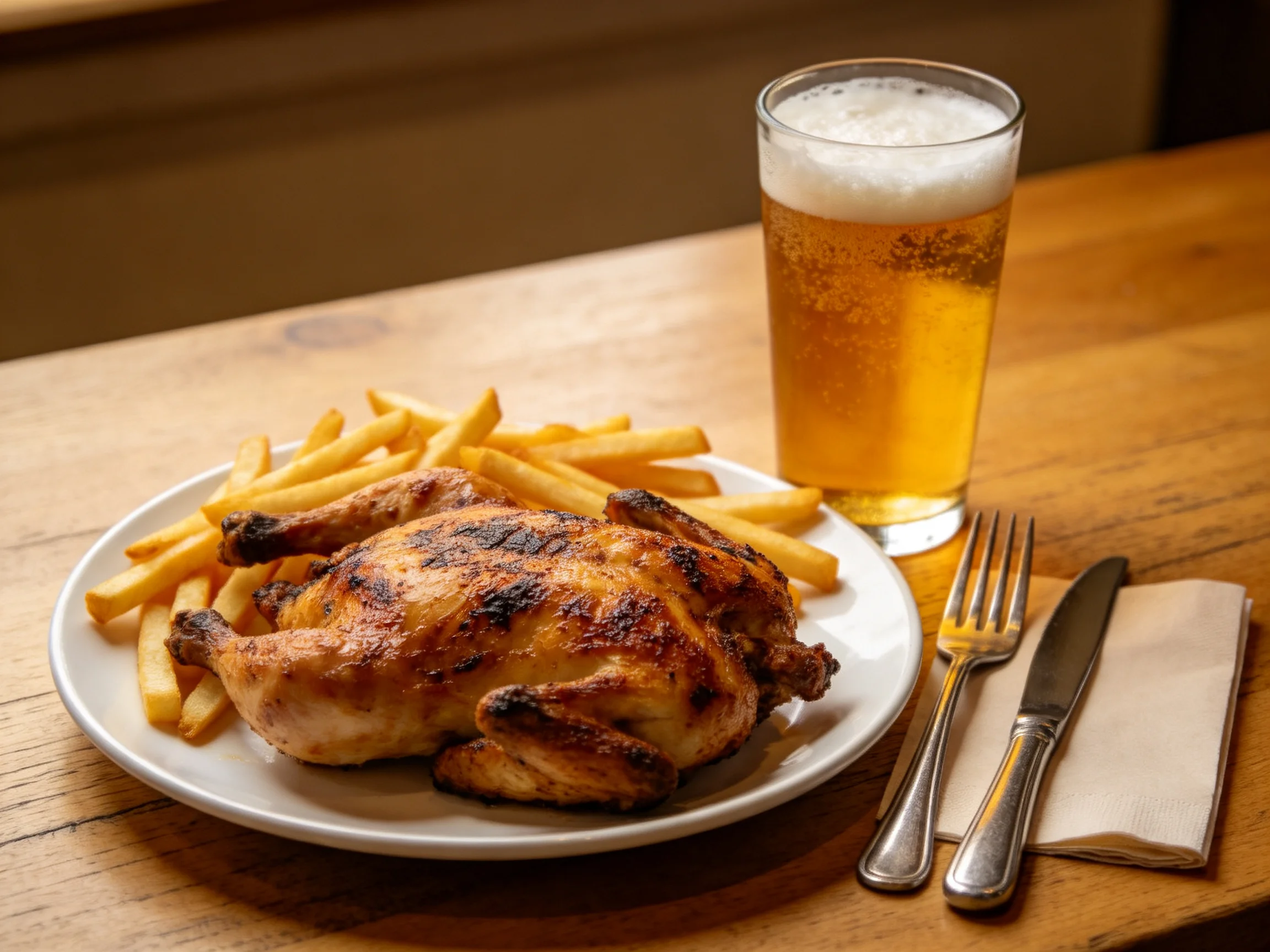 Roasted chicken, golden fries, and amber beer on a wooden table