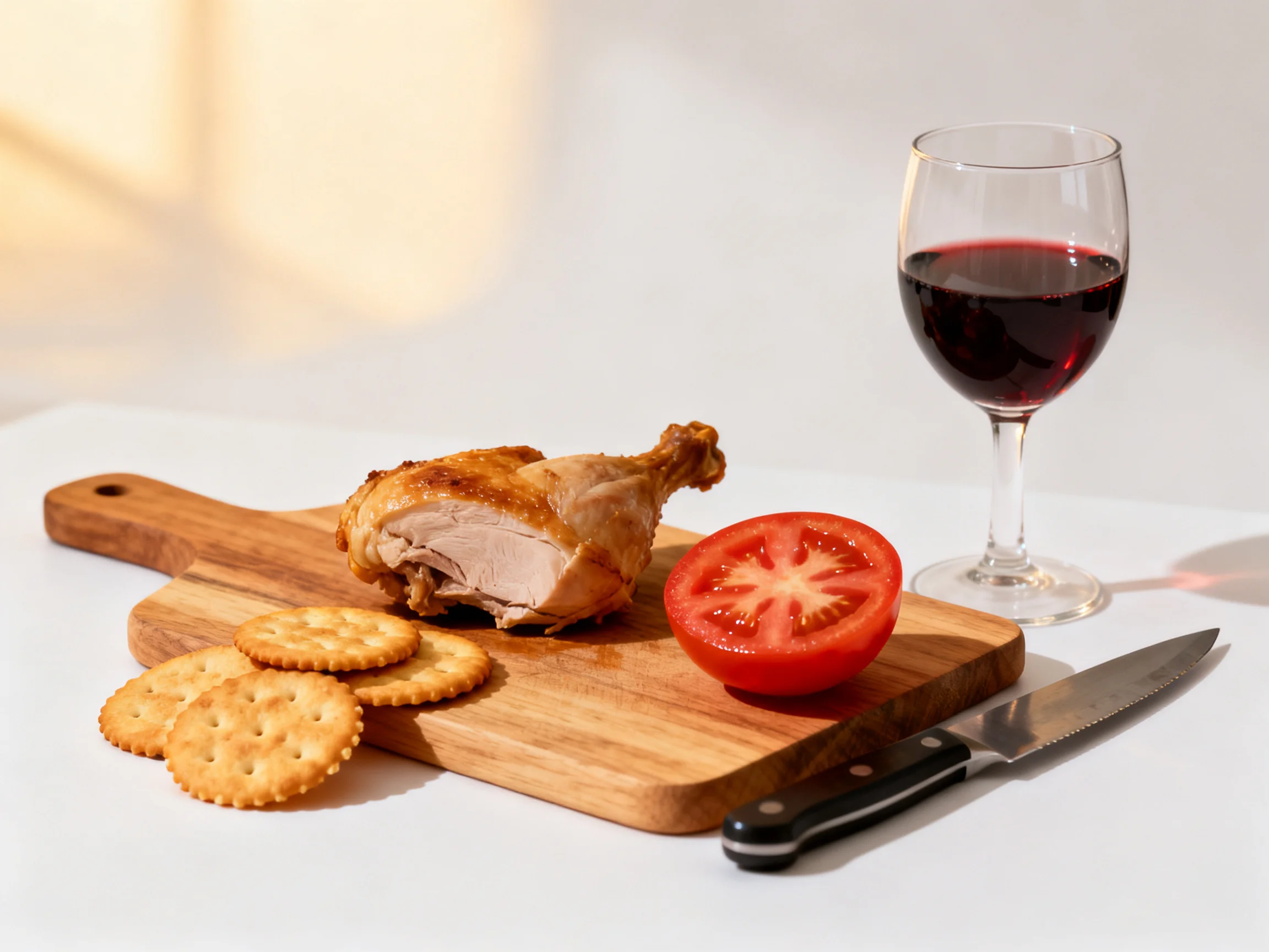 Roasted chicken leg, tomato half, crackers, and red wine on a wooden cutting board