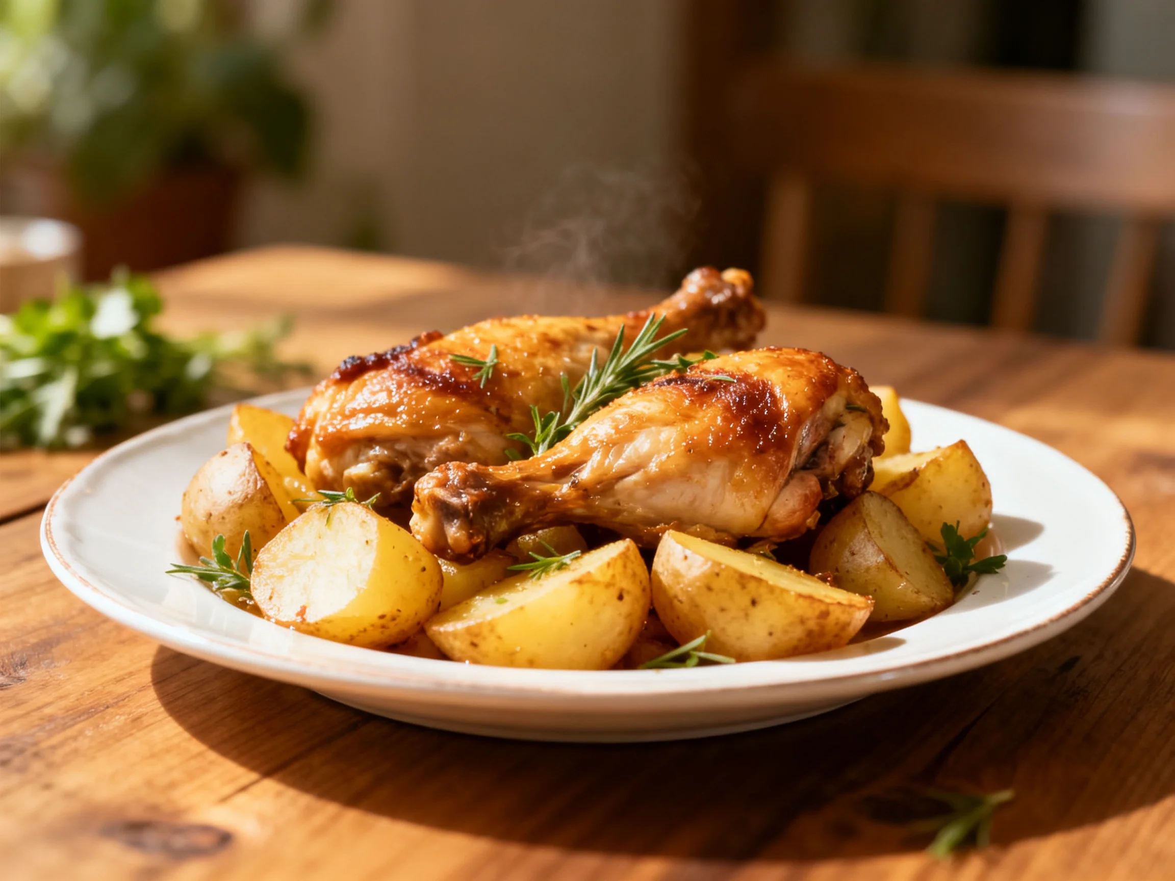 Roasted chicken legs and seasoned potatoes with rosemary on a wooden table