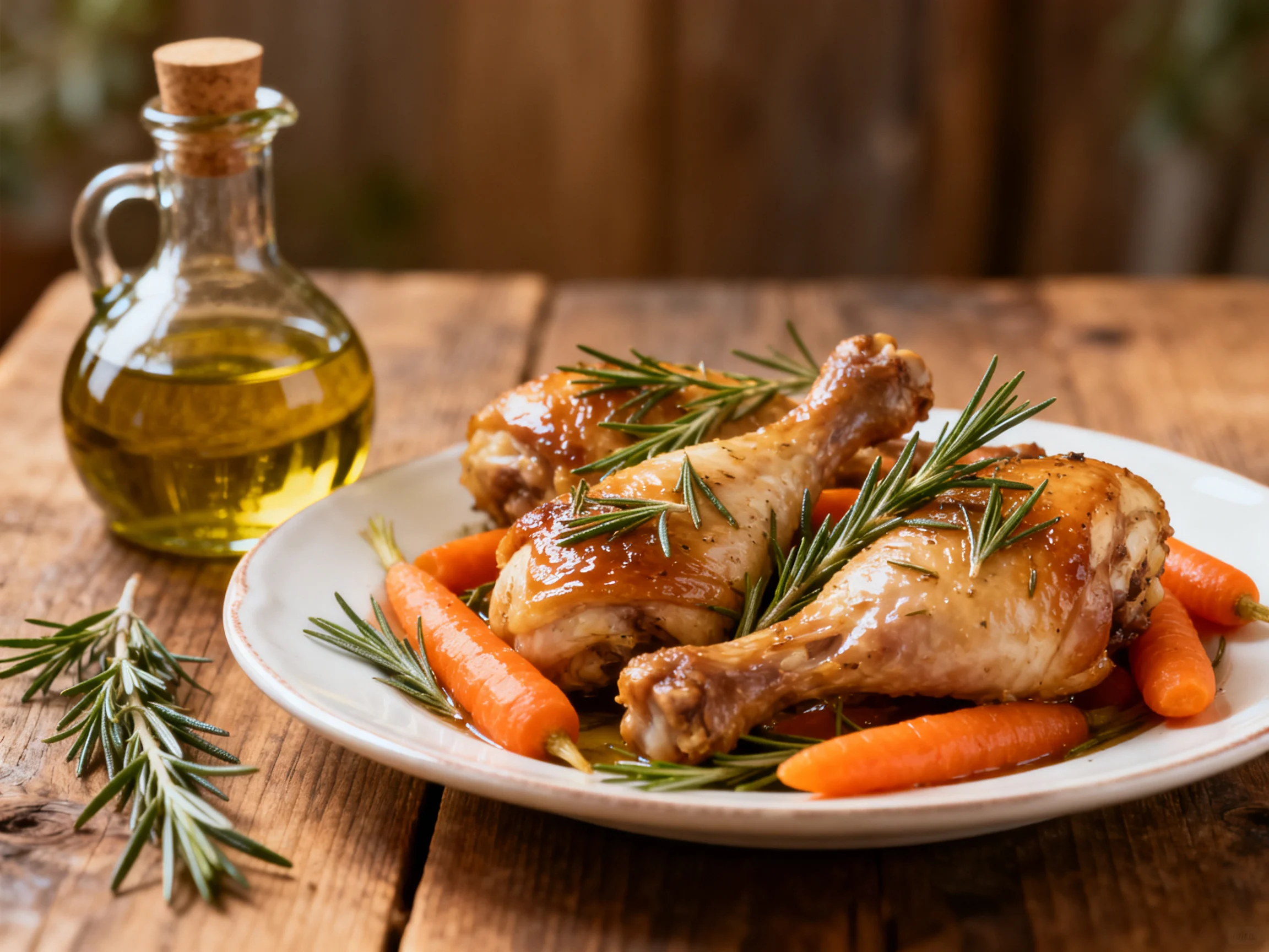 Roasted chicken legs garnished with rosemary and baby carrots beside an olive oil bottle