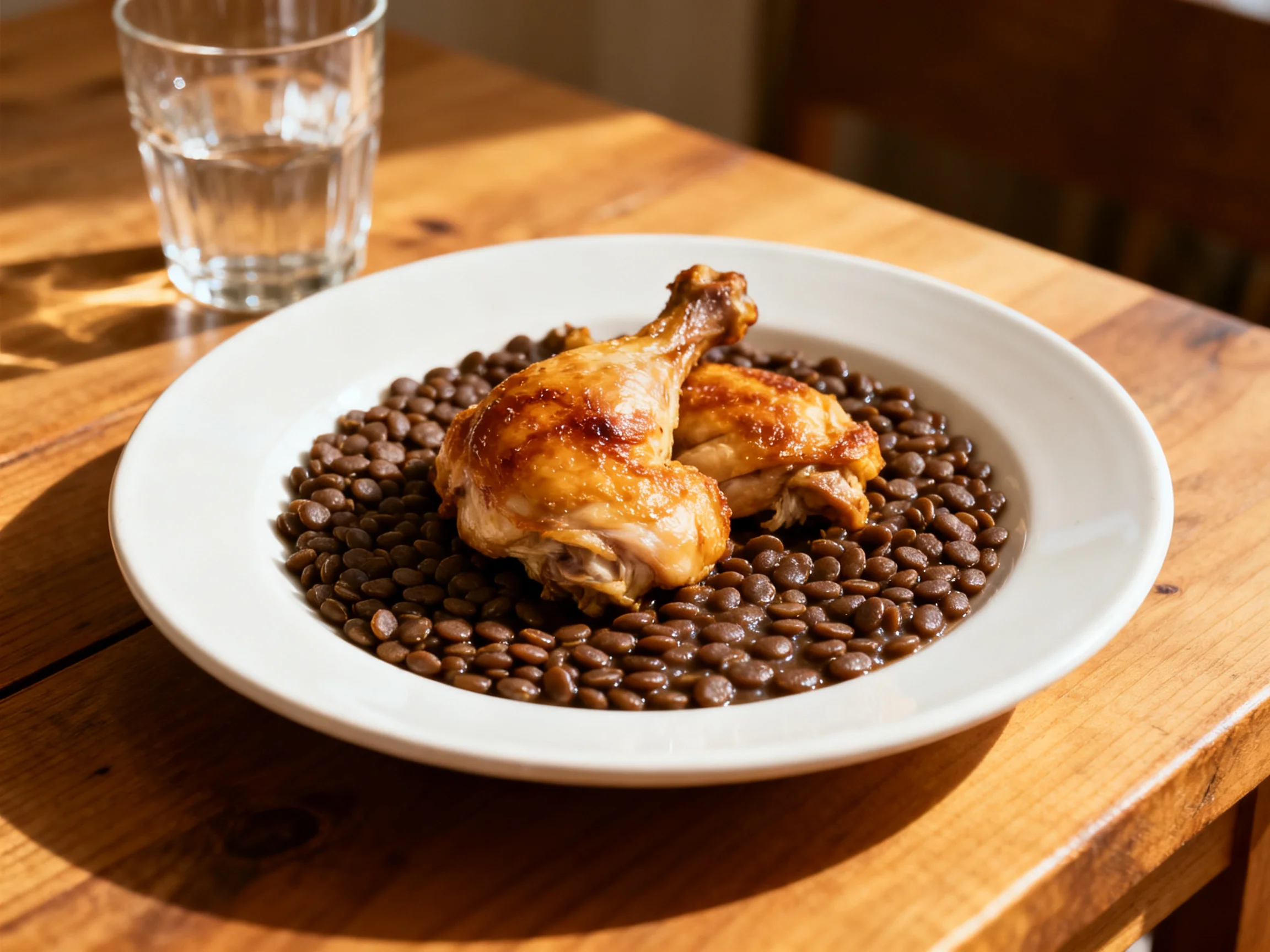Roasted chicken legs served over brown lentils on a white plate
