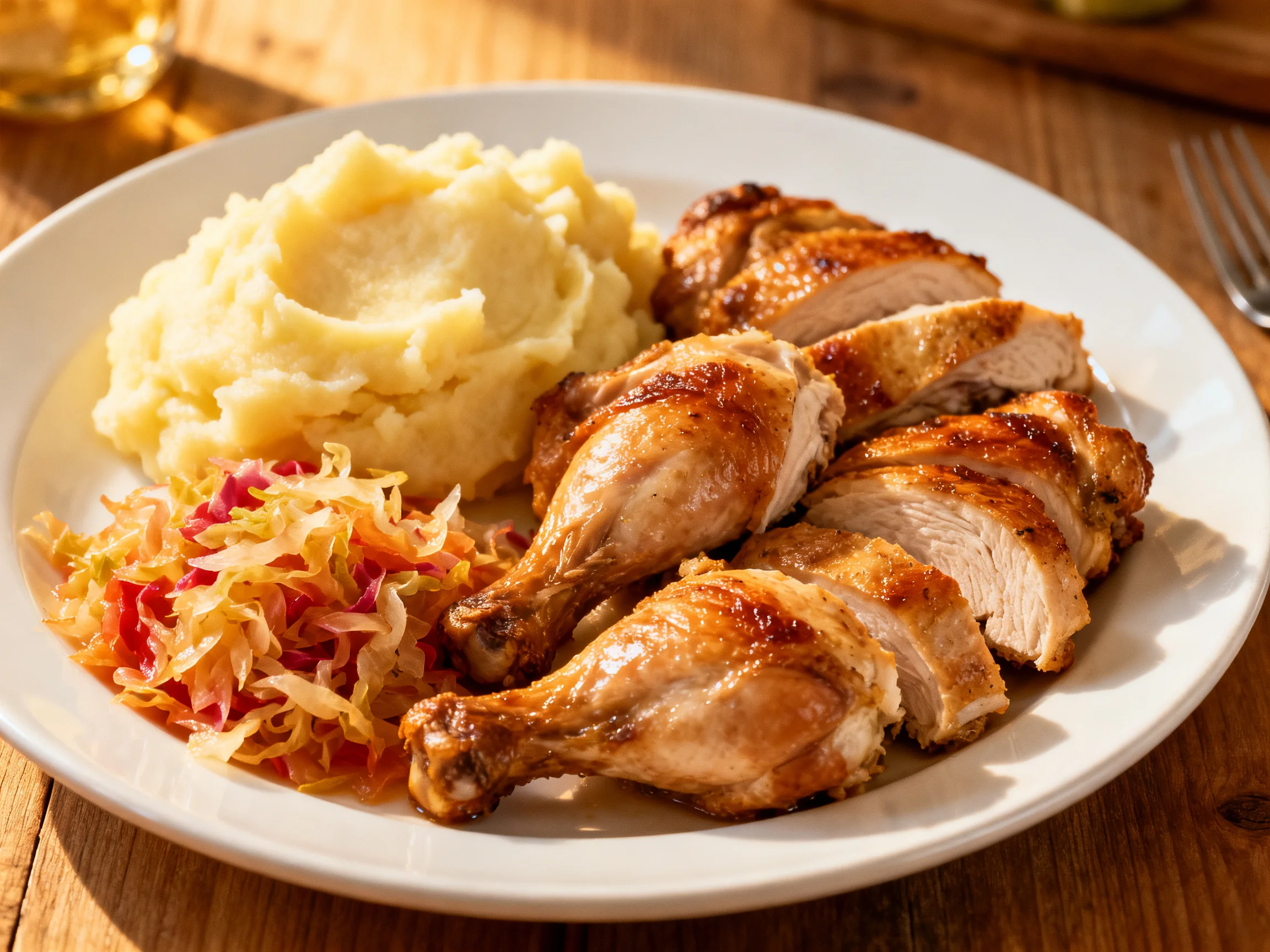 Roasted chicken, mashed potatoes, and sauerkraut served on a white plate