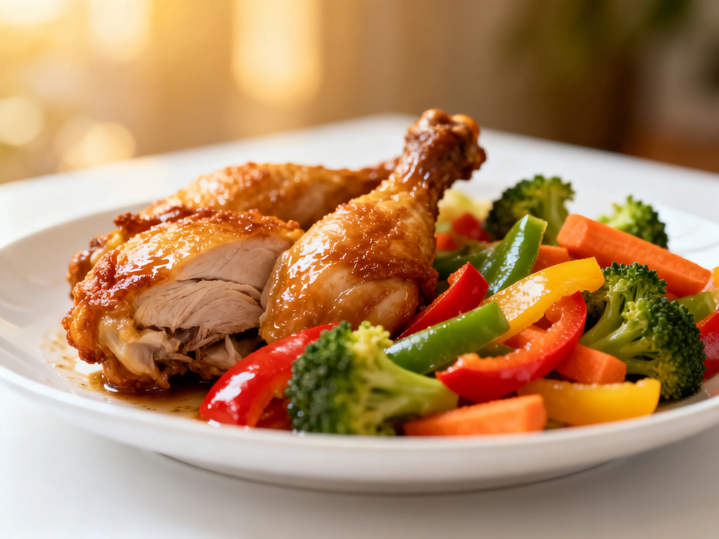 Roasted chicken with colorful vegetables on a white plate