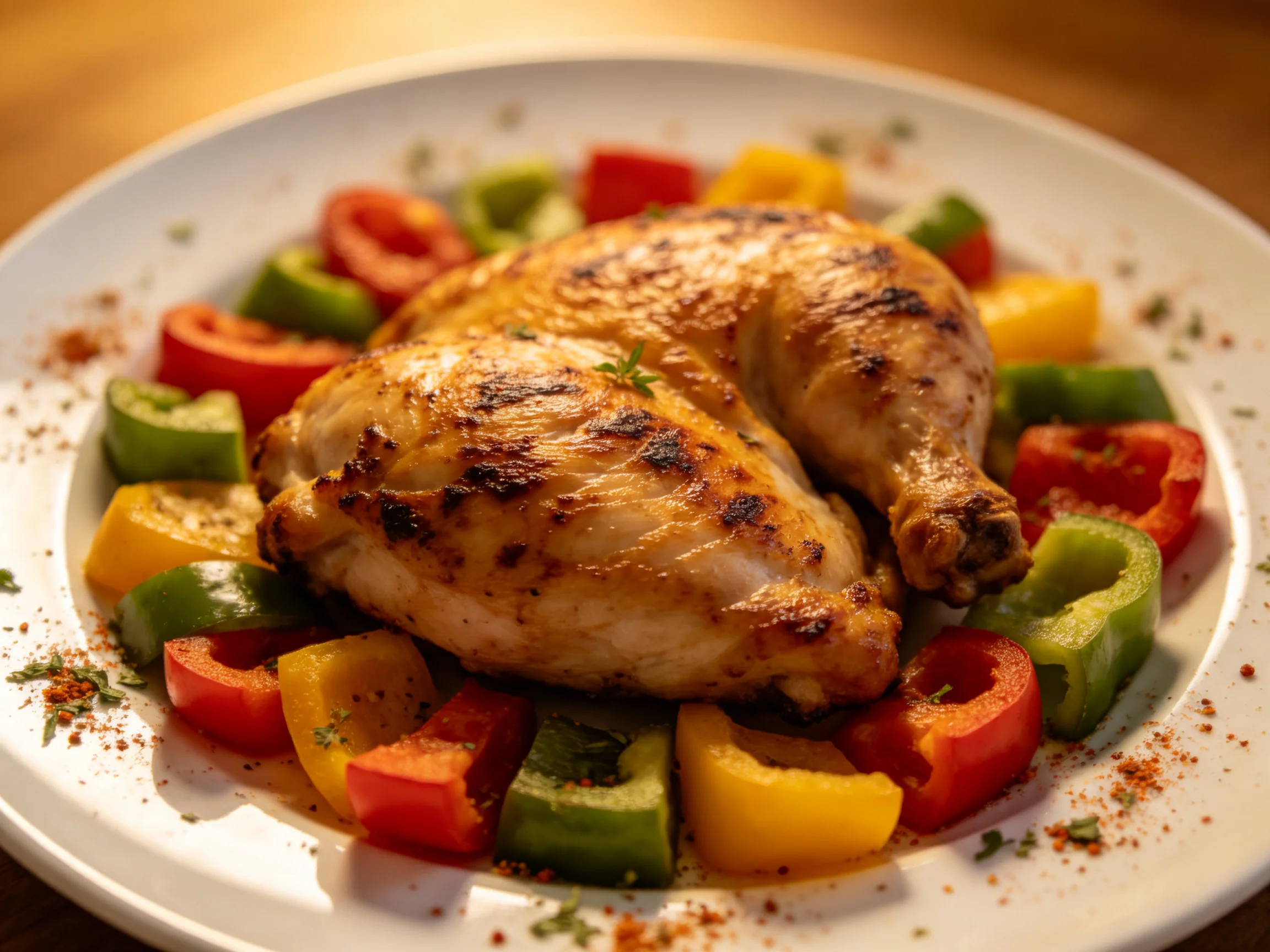 Roasted chicken with multicolored bell pepper slices on a white plate