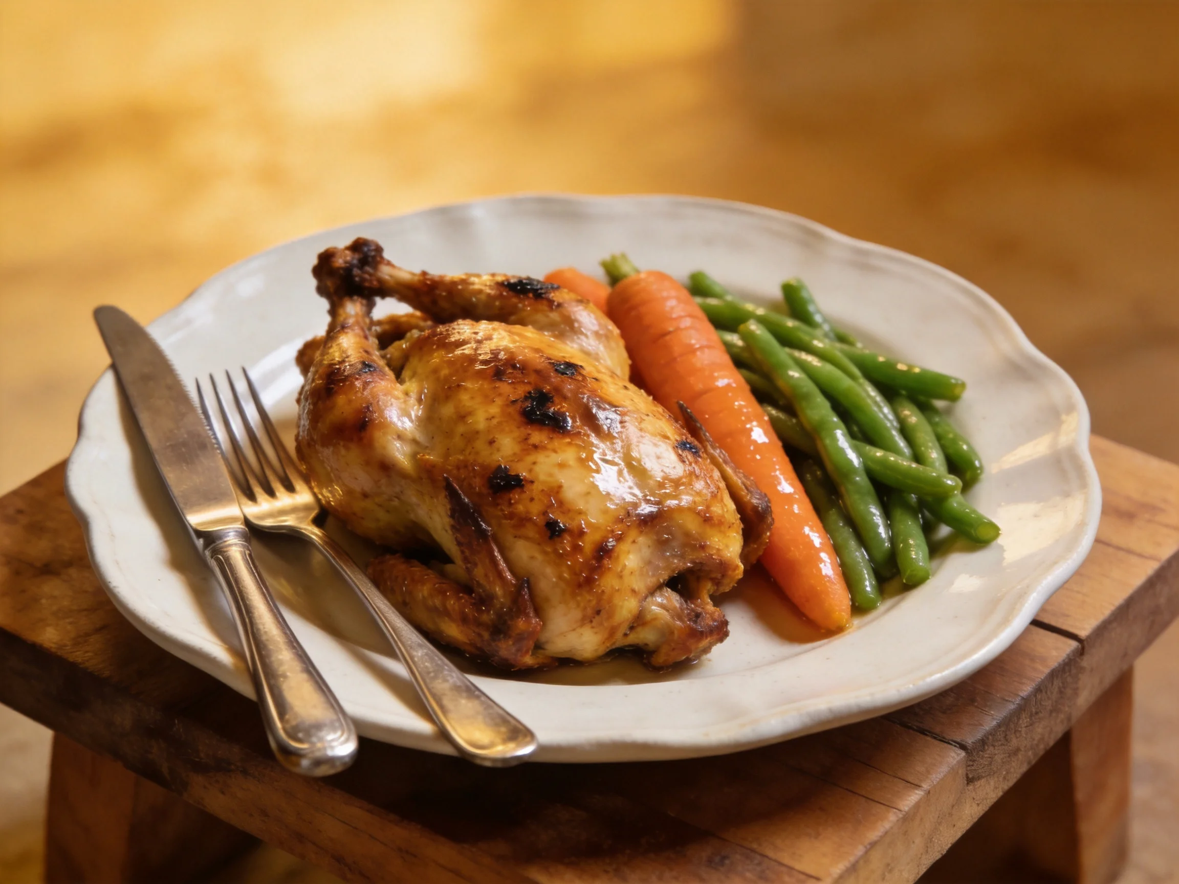 Roasted chicken with two carrots and green beans on a white plate