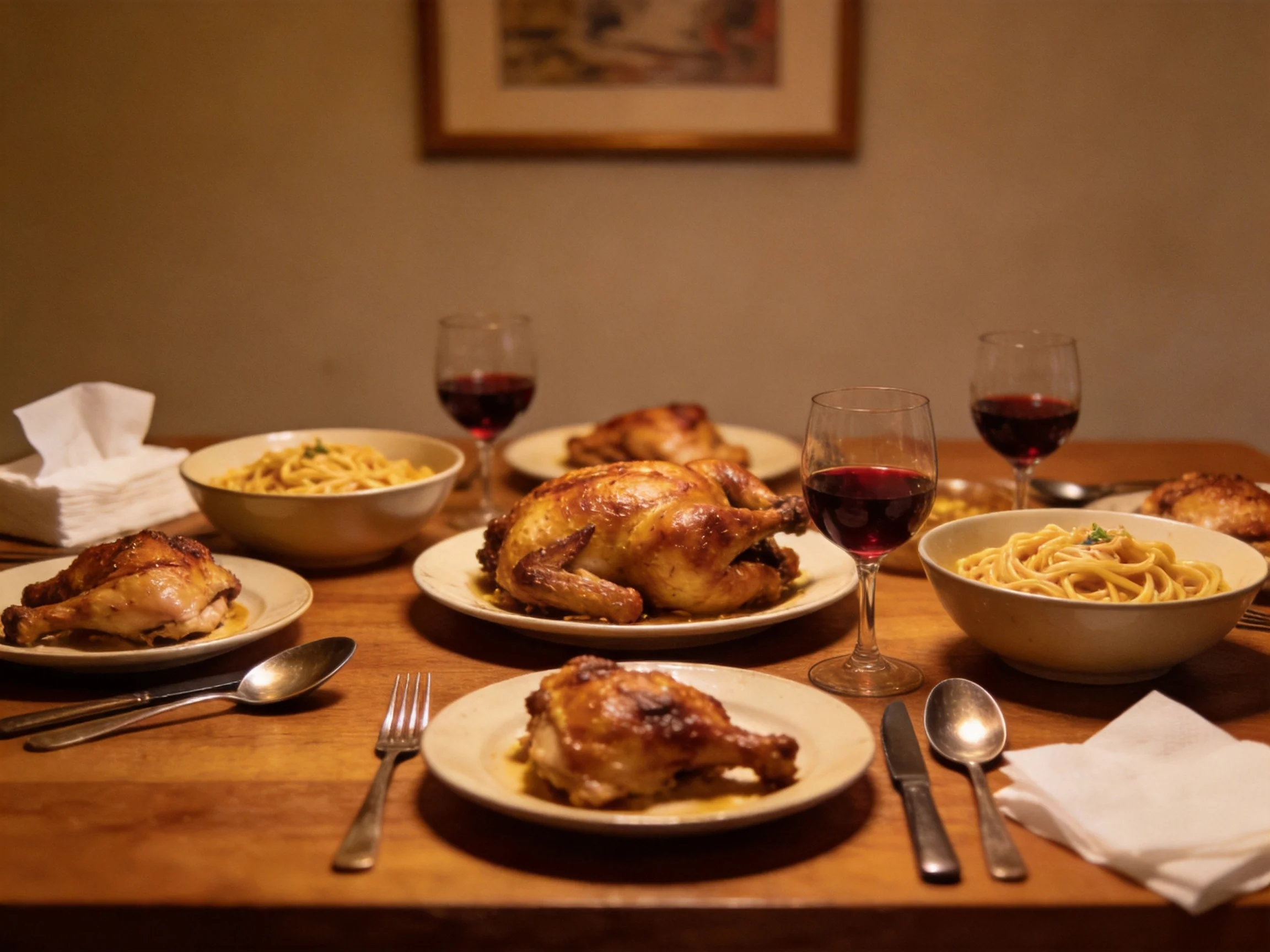 Roasted chickens, pasta, and red wine served on a wooden table