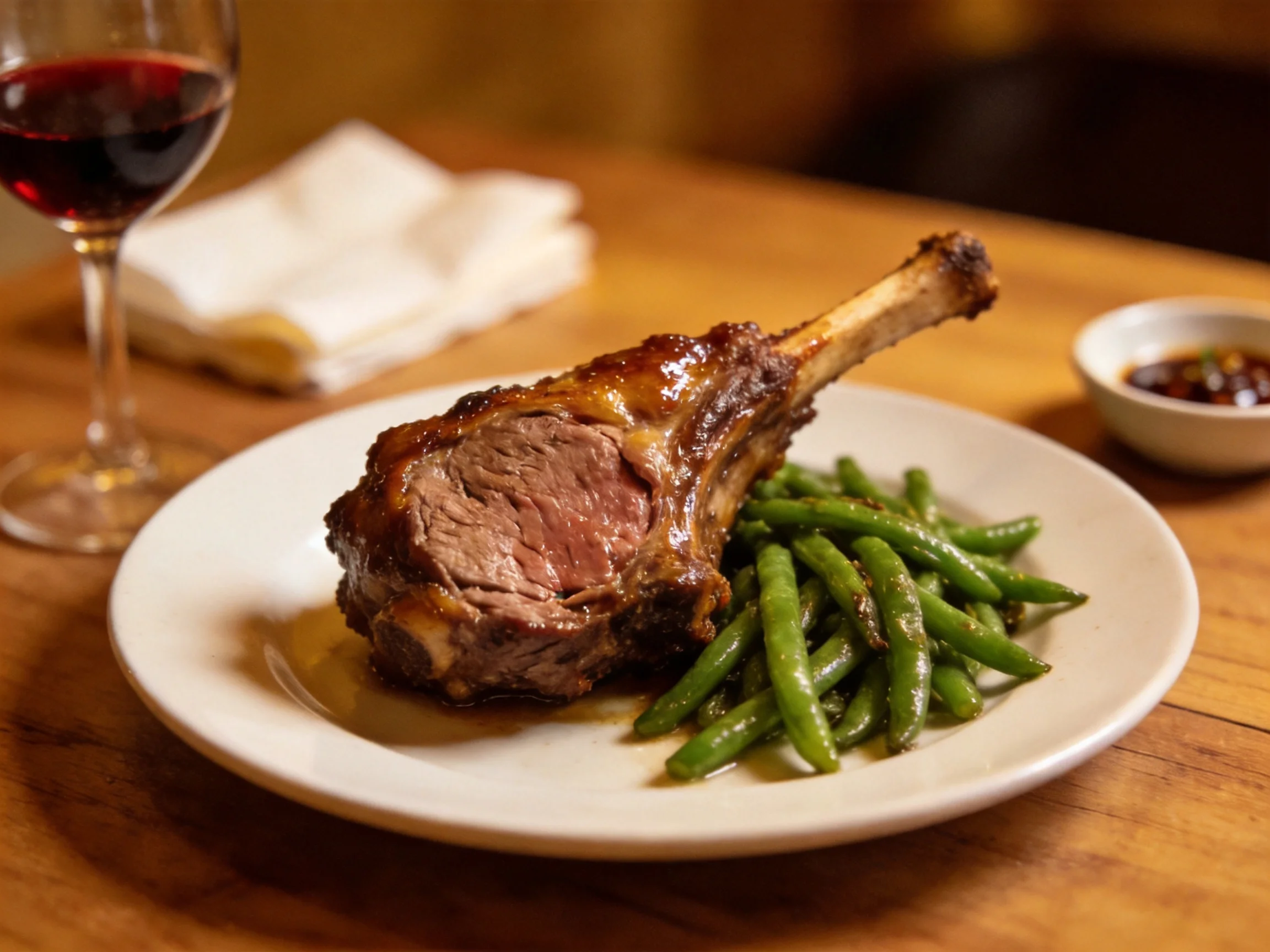 Roasted lamb chop with green beans, red wine, and wooden table