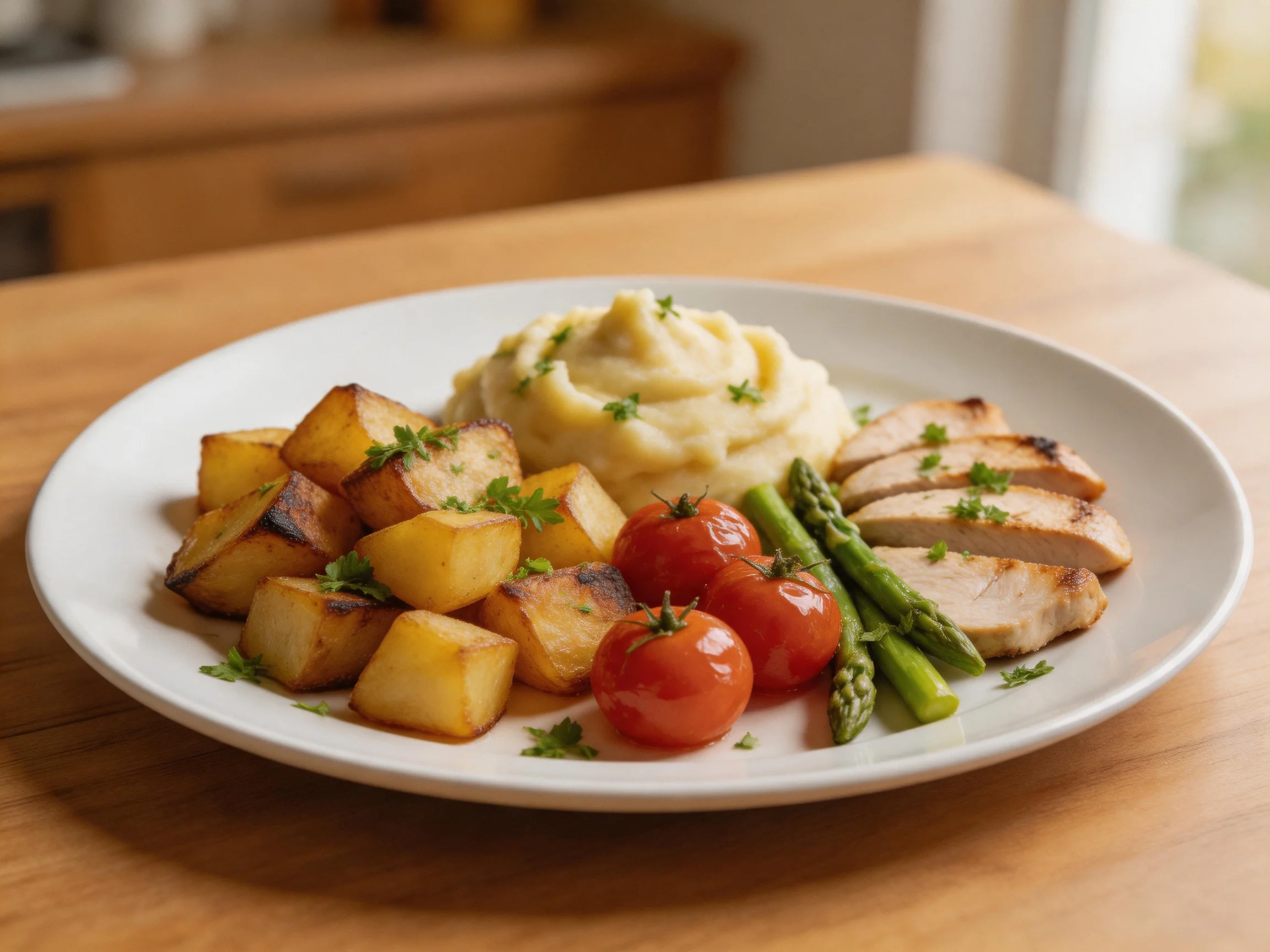Roasted potatoes, mashed cauliflower, grilled chicken, cherry tomatoes, and asparagus on a white plat