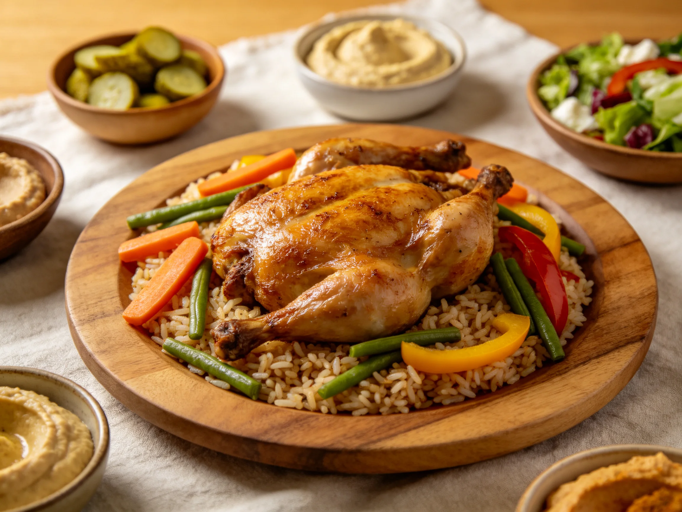 Roasted whole chicken on rice with vegetables and hummus dips