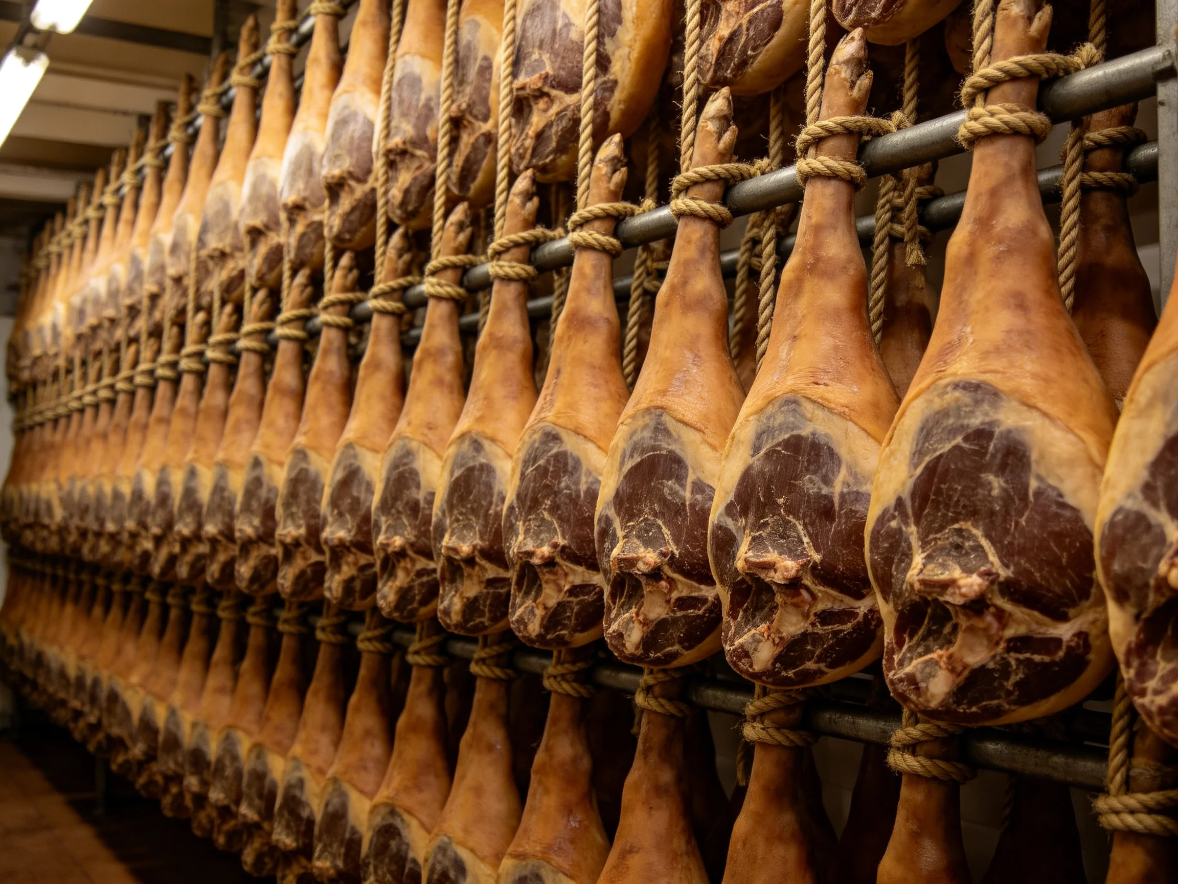 Rows of aged cured hams hang from ropes in a storage facility